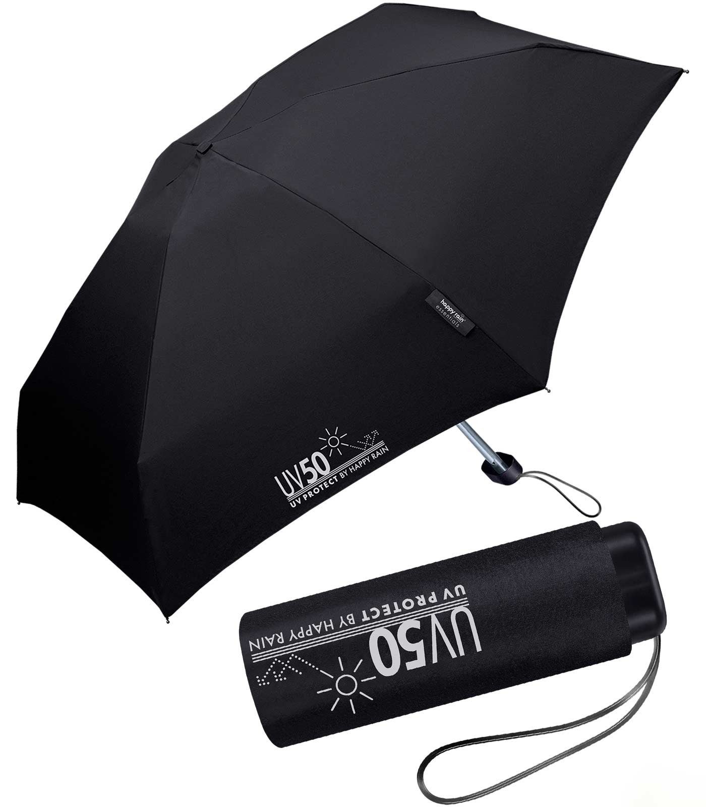 HAPPY RAIN Taschenregenschirm UV-Protect UV50 Ultra Mini Flat mit Sonnenschutz, winzig klein für unterwegs - schützt vor Sonne und Regen schwarz