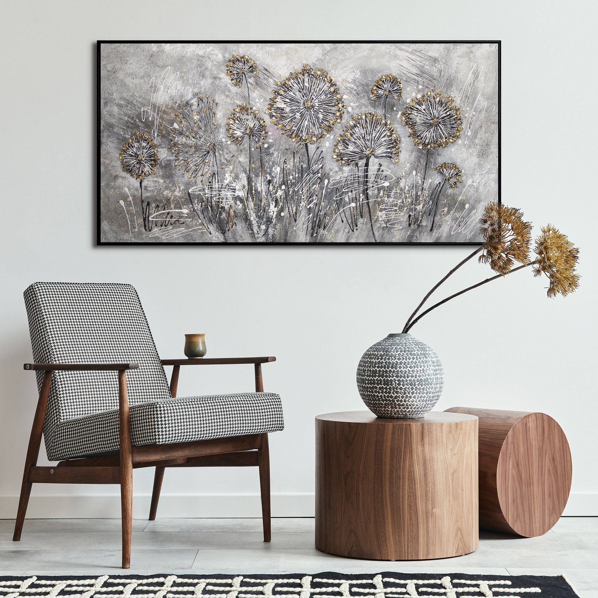 YS-Art Gemälde Frühlingsblumen, Mit Schwarz Grau Rahmen Blumen, Handgemalt Leinwand Blumen in Bild Gold Schwarz Löwenzahn