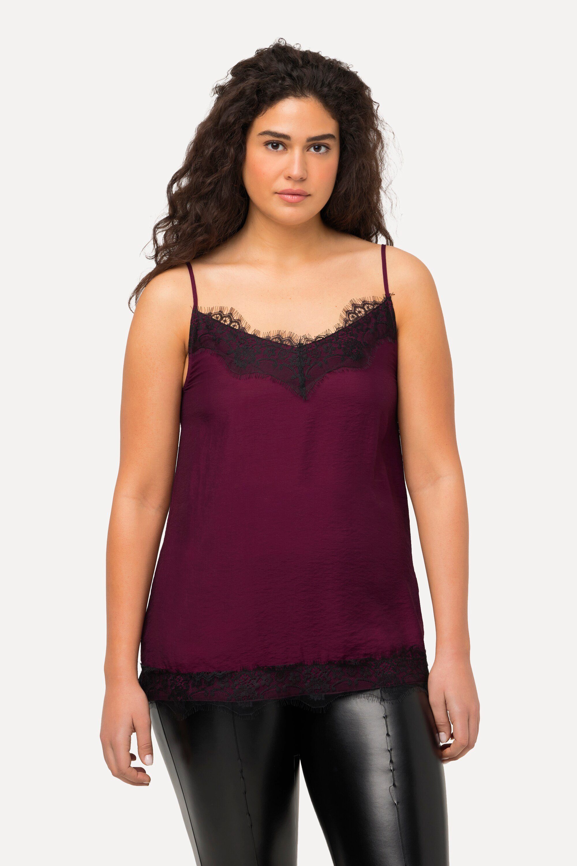 Spitzenbluse Blusentop Satin V-Ausschnitt Spitze ärmellos