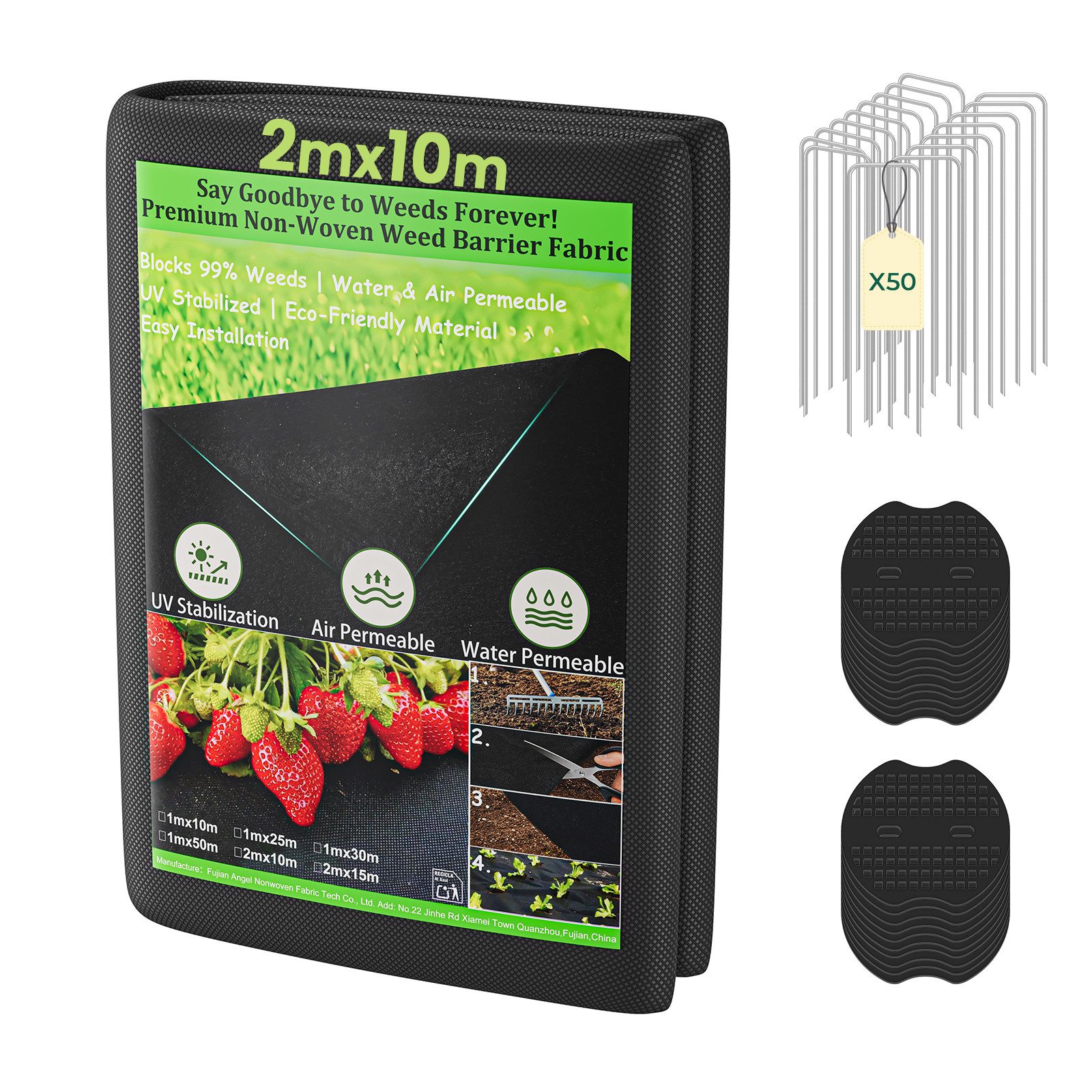 OUNUO Unkrautvlies Gartenvlies 100g/m² Wasserdurchlässig UV-beständig, 2m x10m mit 50 Erdanker