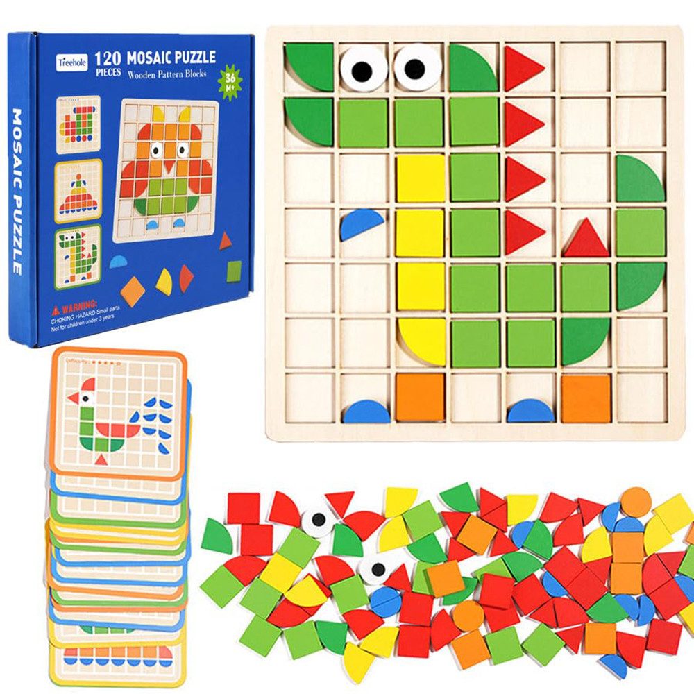 Zaewry 3D-Puzzle 120pcs Kreative Mosaik-Puzzle,Hölzerne Muster Blöcke Set, Puzzleteile, Puzzleteile, Form Matching Game,Montessori Spielzeug ab 3 4 5 6 Jahre