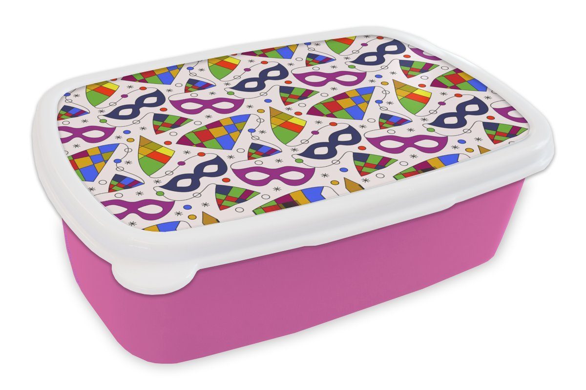 MuchoWow Lunchbox Karneval - Muster - Masken, Kunststoff, (2-tlg), Brotbox für Erwachsene, Brotdose Kinder, Snackbox, Mädchen, Kunststoff rosa