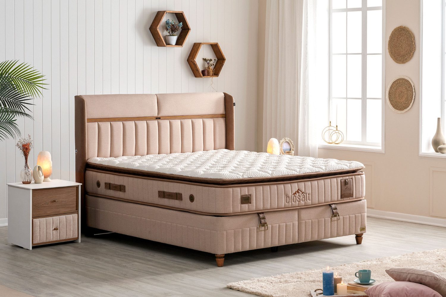BAMBI YATAK Boxspringbett mit Matratze & Stauraum, Bambi Biosalt, Bett mit Bettkasten H3 (180x200 cm, USB/Type-C & LED-Beleuchtung), 7-Zonen Taschenfederkernmatratze, Optionale Nachttische