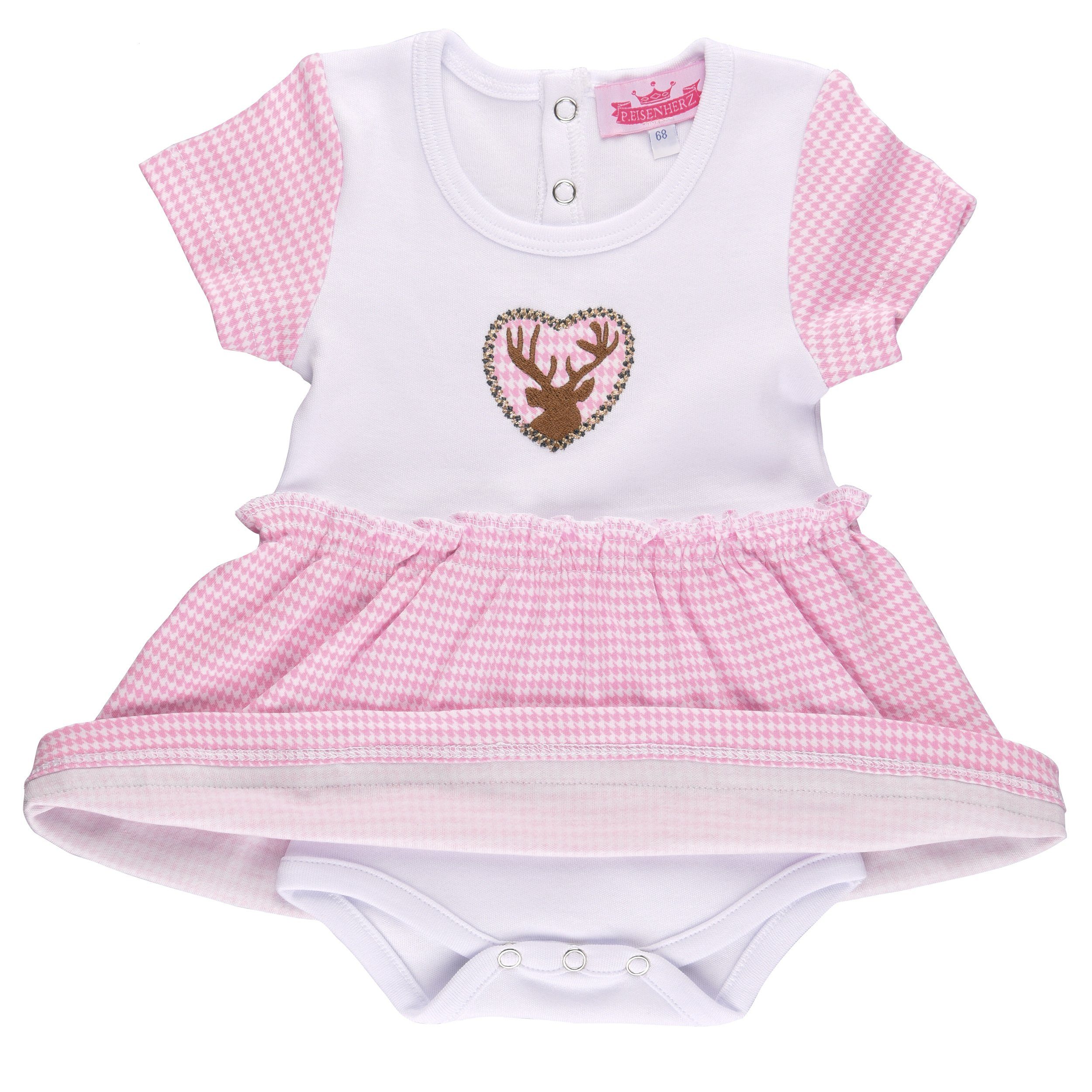 P.Eisenherz Kurzarmbody Dirndl Body''Hirsch'', rosa/weiß mit angenähtem Karo-Röckchen