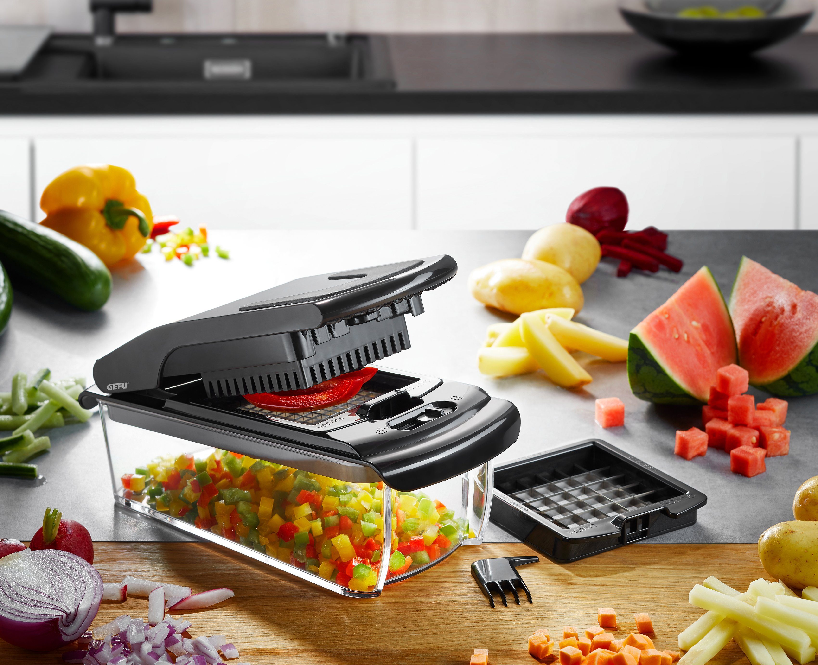 GEFU Zerkleinerer (Würfel- und Stifteschneider) TREPPO, Kunststoff, Edelstahl, 1000 ml