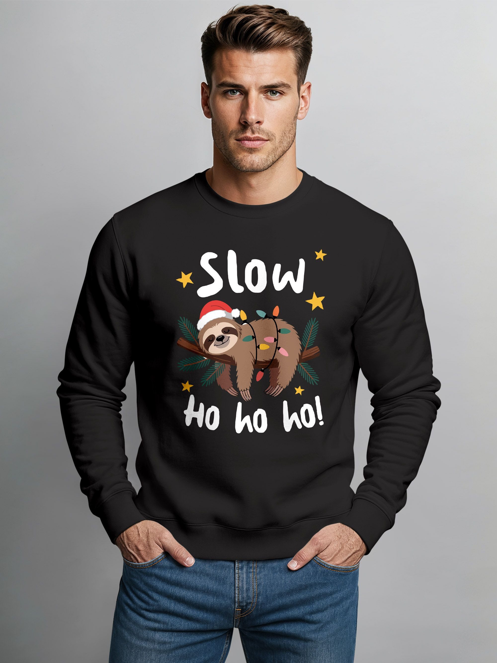 MoonWorks Sweatshirt Sweatshirt Herren Weihnachtspullover Faultier Spruch Slow Ho Ho
