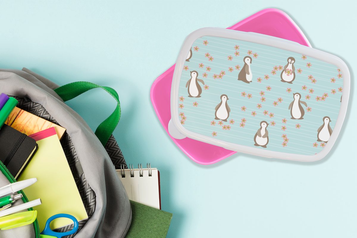 MuchoWow Kinder, Kunststoff, Mädchen, für Kunststoff - - Erwachsene, (2-tlg), Brotbox Pinguin, Gestaltung rosa Blumen Brotdose Lunchbox Snackbox,