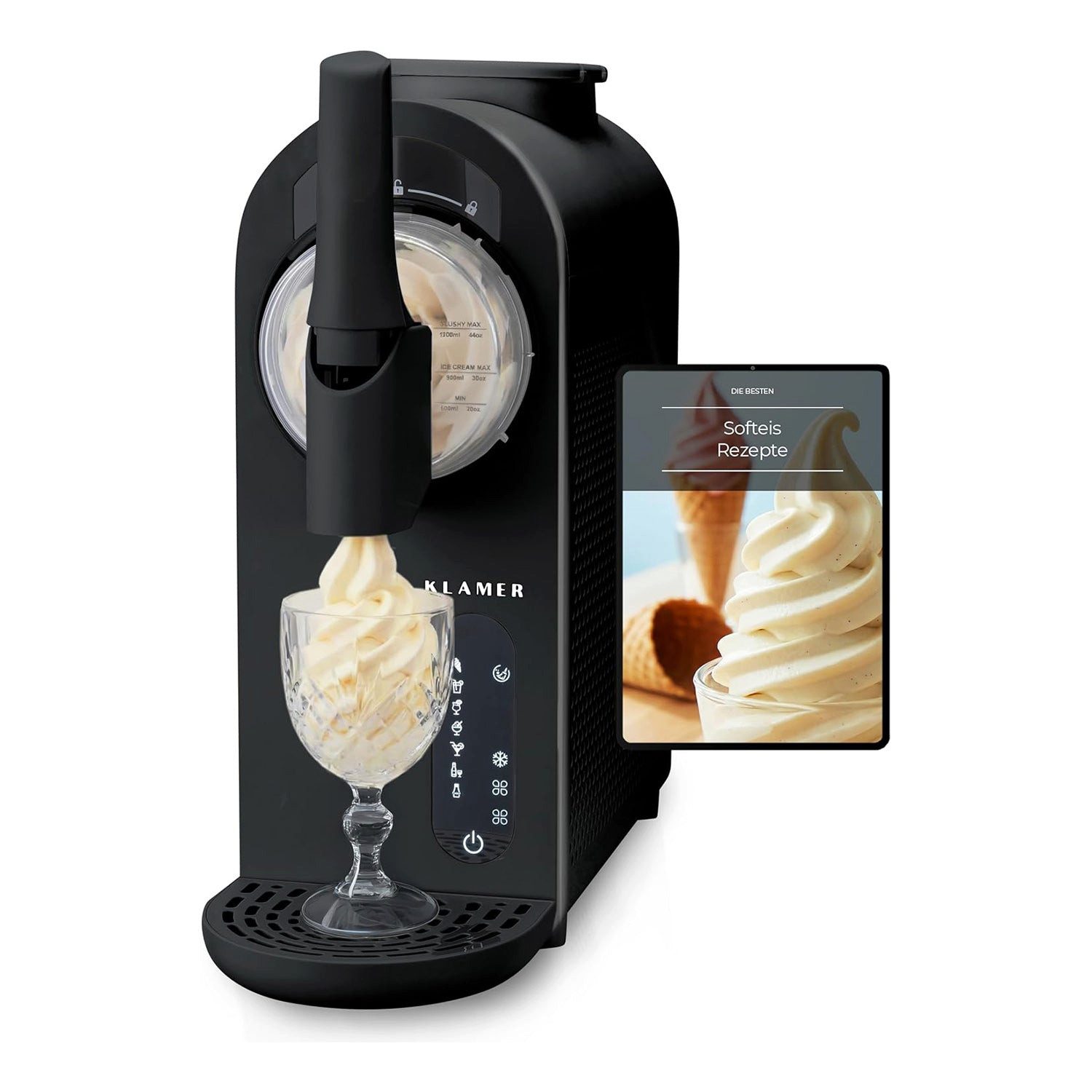 KLAMER Eismaschine 1,5L, 7 Programme (Softeis, Slush, Frapp), Eismaschine & Slush Masch…, 1,5 l, 210 W, Kompressor-Technologie, 7 Programme, Automatische Reinigung