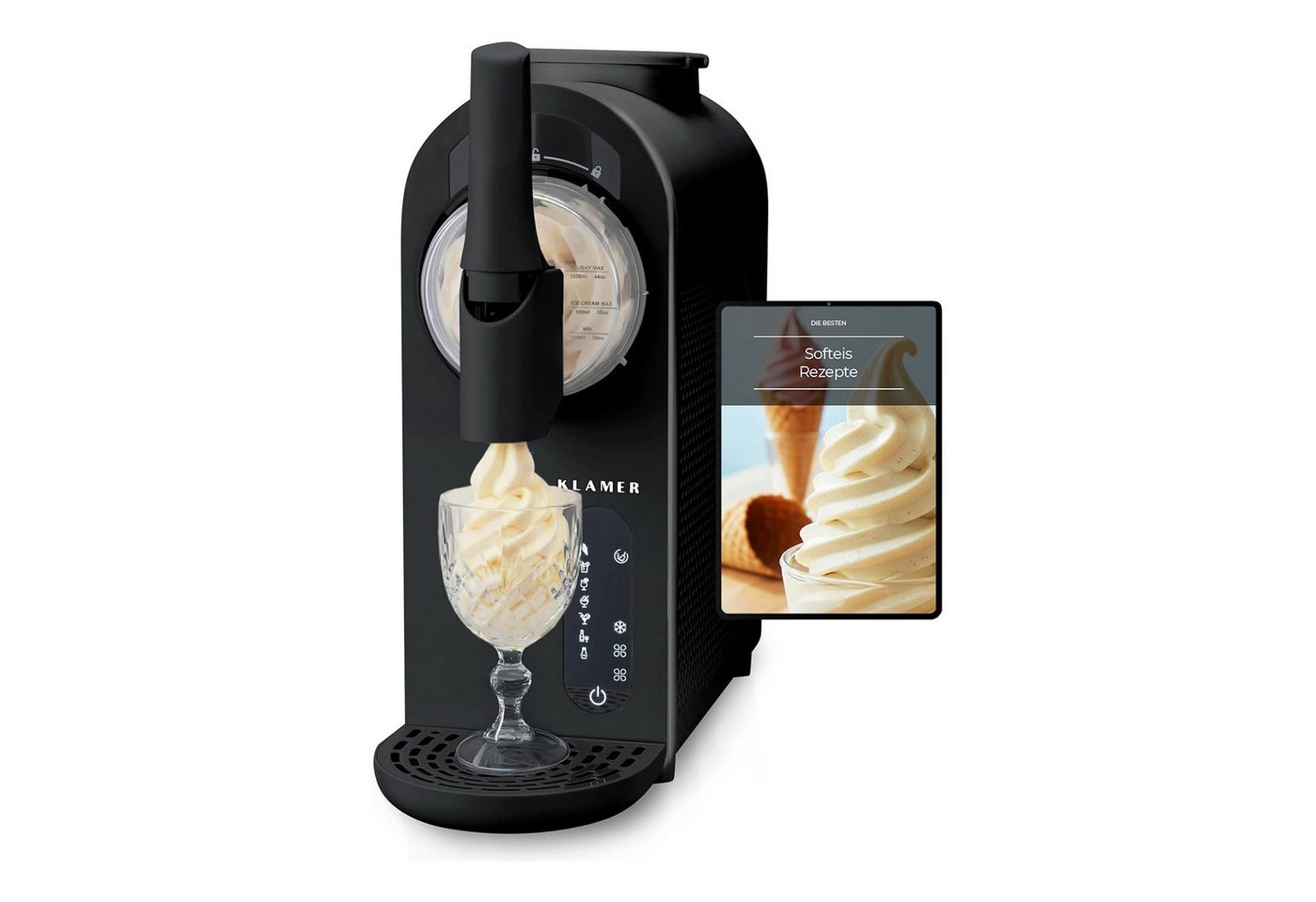 KLAMER Eismaschine 1,5L, 7 Programme (Softeis, Slush, Frapp), Eismaschine & Slush Masch…, 1,5 l, 210 W, Kompressor-Technologie, 7 Programme, Automatische Reinigung