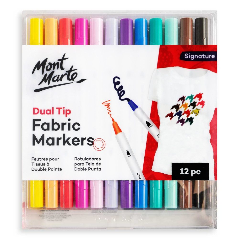 Mont Marte Textilmarker Set 12 Farben – Dual Tip Stoffstifte mit 2 mm & 5 mm Spitze, (Set, 12-tlg., unterschiedene Farben für kreatives Arbeiten auf Textilien), Textilstifte zum Bemalen von T-Shirts, Stofftaschen & Textilien, DIY