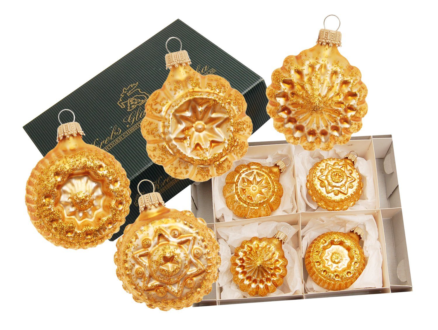 Krebs Glas Lauscha Christbaumschmuck Glaskugelformen, 4er Set, gold 5cm  (4-tlg), Hochwertiger Christbaumschmuck von Krebs Glas Lauscha