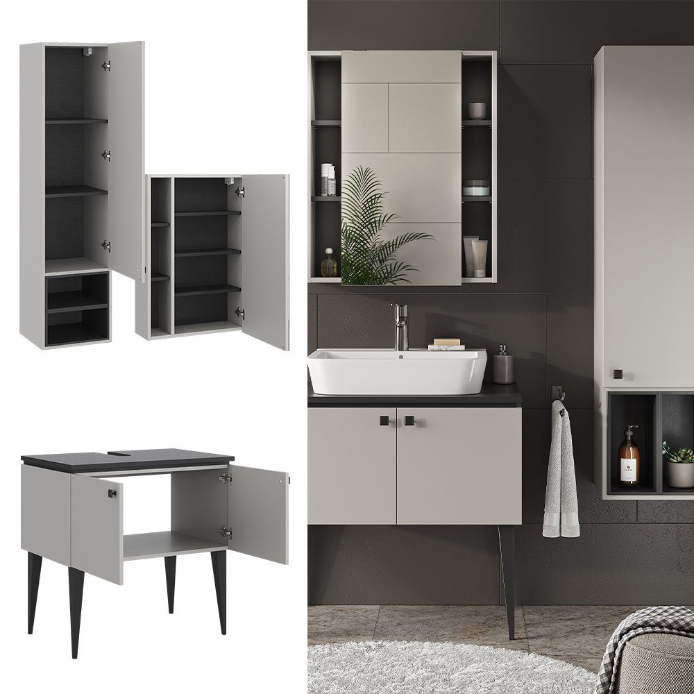 Vicco Badmöbel-Set Gerta, Grau/Schwarz, 3 Teile, günstig online kaufen