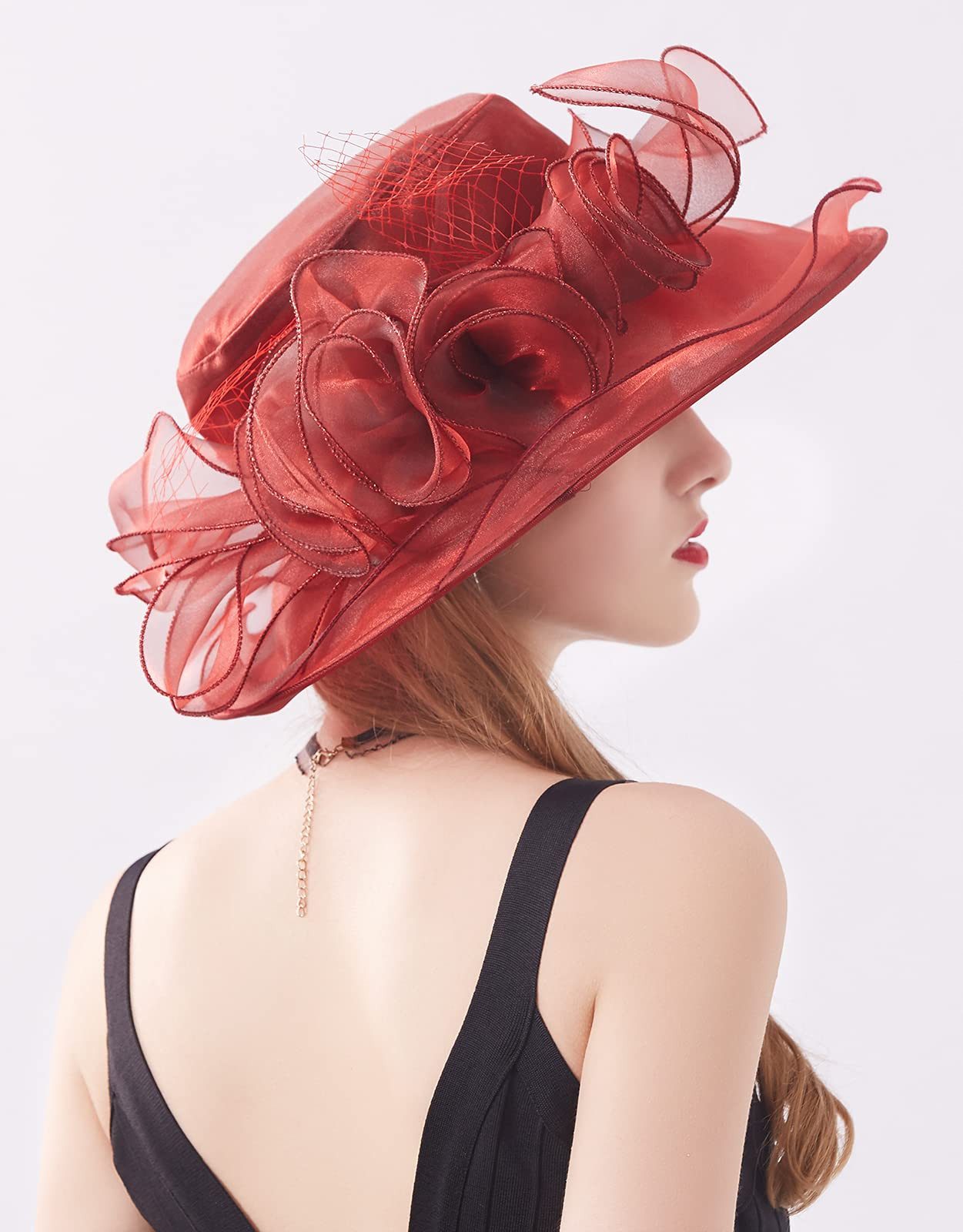 Bwecuy Sonnenhut Damenhut mit breiter Krempe, Blumen- und Blattdekor ideal für Hochzeit, Kirche und Tea Party – Bild 4 von 5