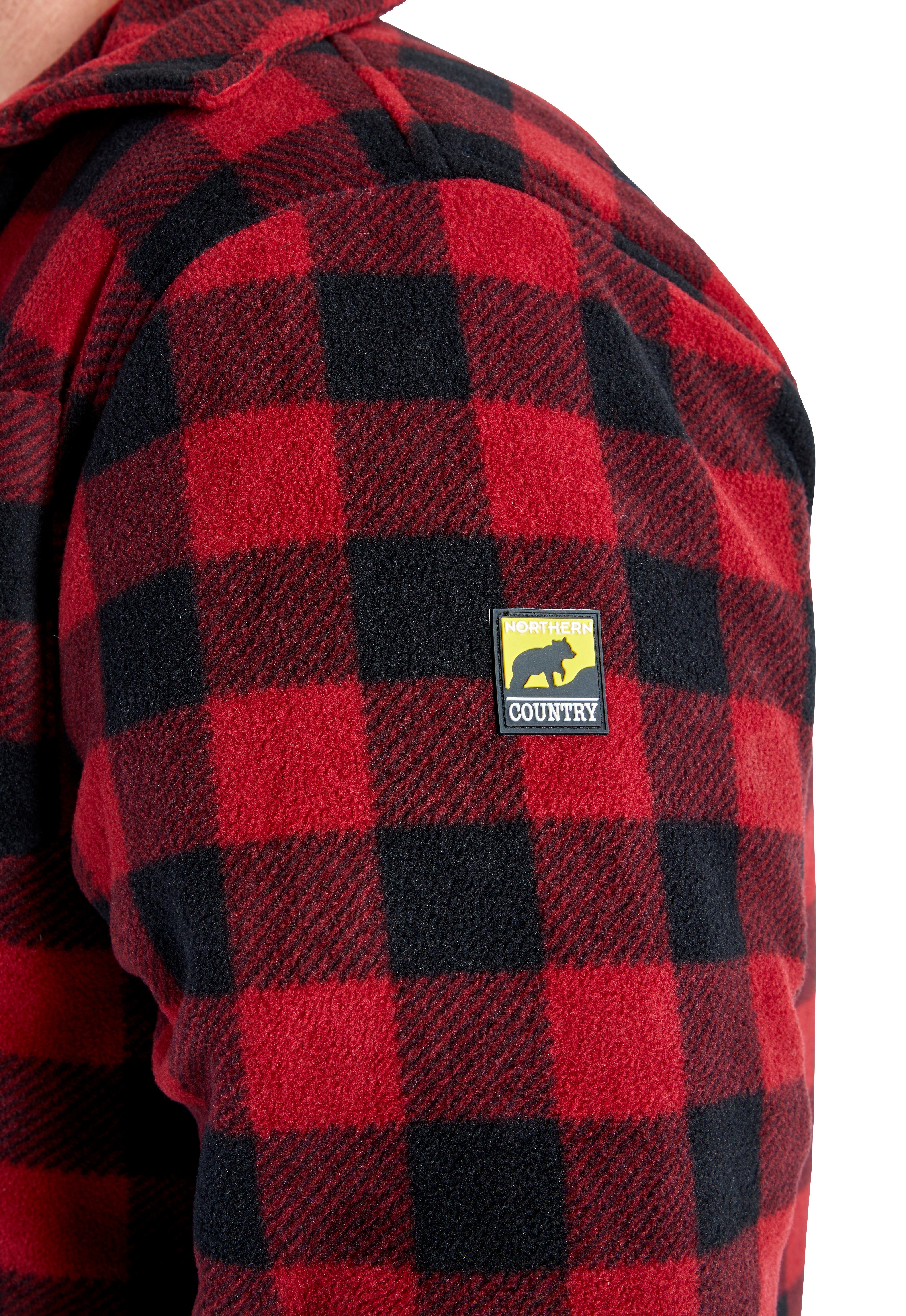 Rücken, Jacke zu 5 Taschen, mit Northern rot-schwarz Flanellstoff zugeknöpft warm Country verlängertem gefüttert, tragen) (als mit Flanellhemd offen oder Hemd