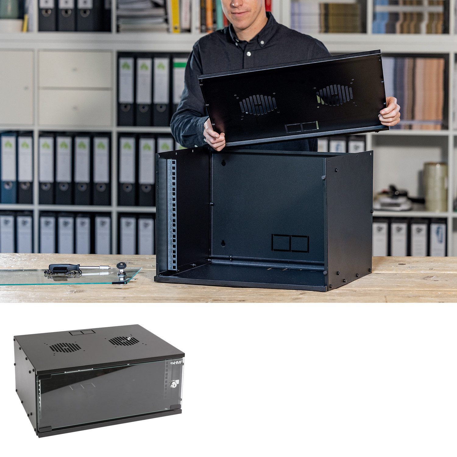 HMF Serverschrank Netzwerkschrank, Serverschrank 19 Zoll, 4 HE, 400 mm Tiefe, Glastür, Schwarz