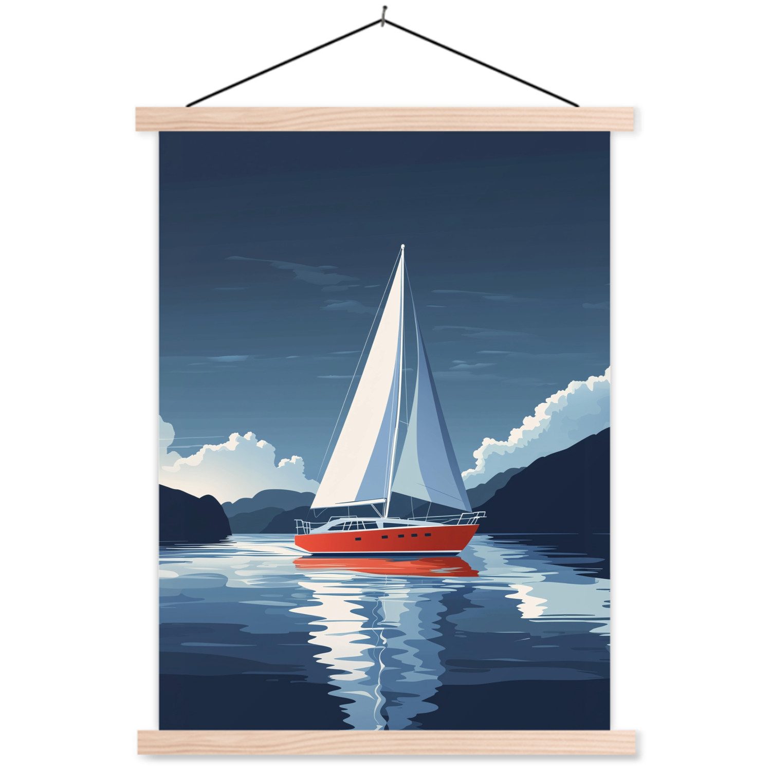 MuchoWow Poster Segelboot - Dunkle Berge - Stille, (1 St), Posterleiste, Textilposter für Wohnzimmer, Bilderleiste, 40x53 cm