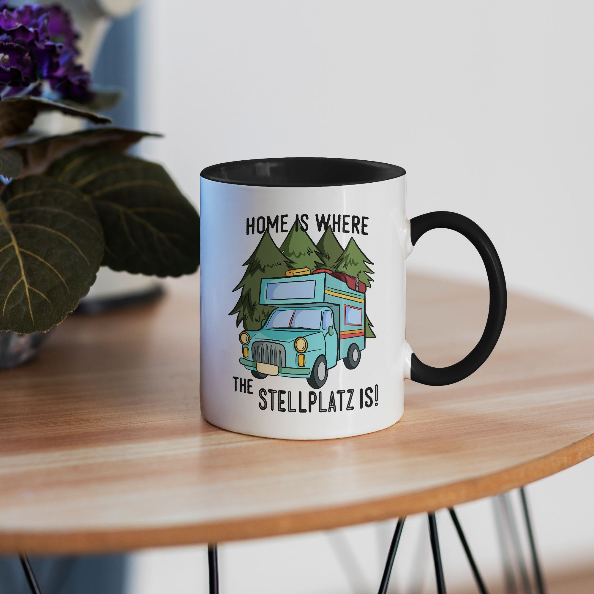 Stellplatz is mit Geschenk Wohnmobil the is Kaffeetasse Camping Home Womo Tasse Hey!Print Tasse für Spruch Camper Schwarz where