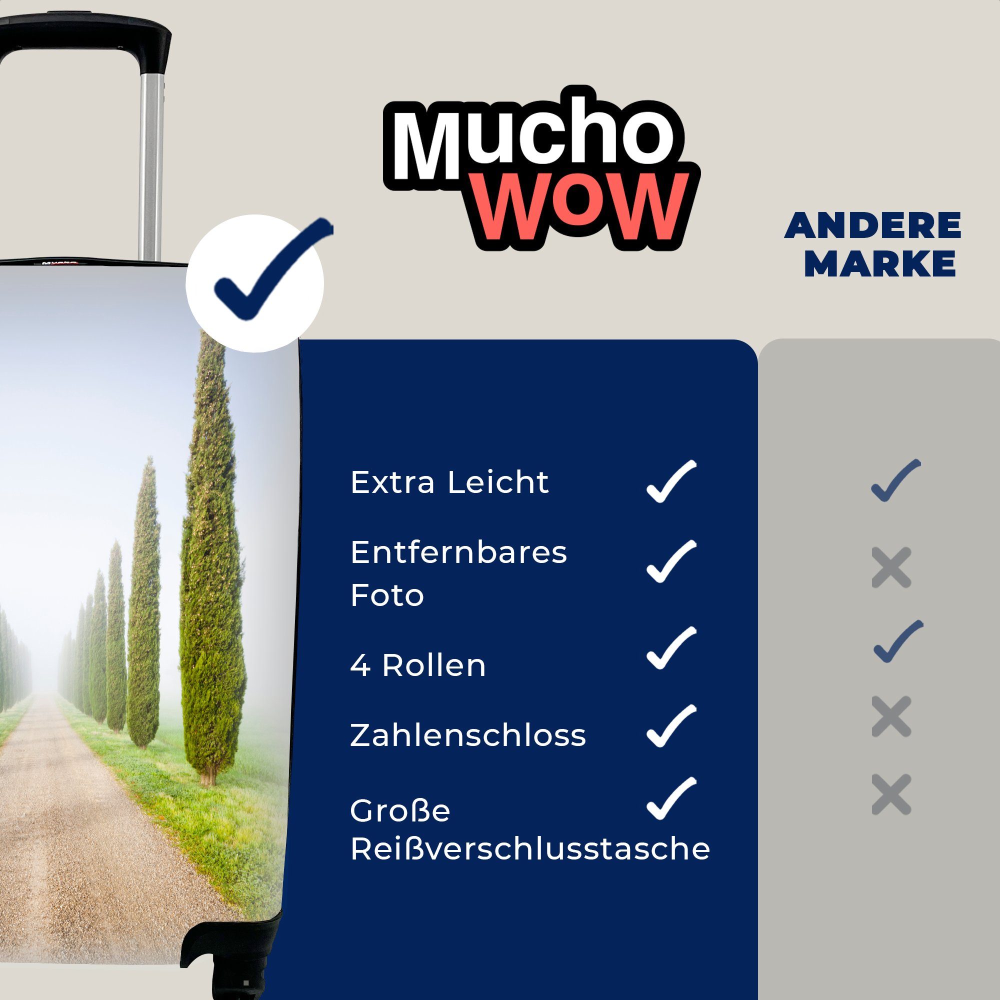 MuchoWow Handgepäckkoffer Baum - Nebel Zypresse, - Toskana Reisekoffer Rollen, mit Handgepäck - rollen, 4 für Trolley, Reisetasche Ferien