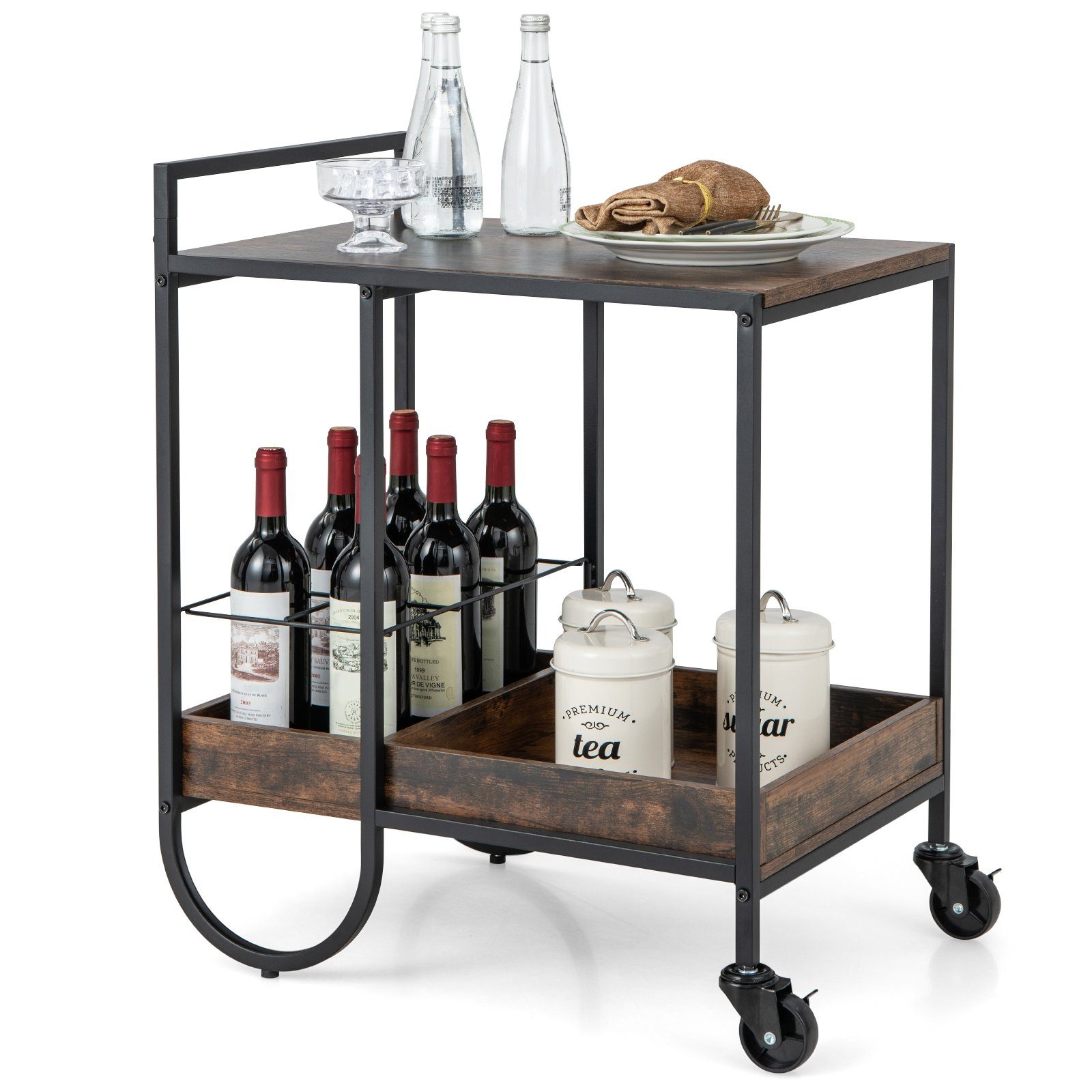 COSTWAY Servierwagen, mit feststellbaren Rollen, Weinregal, 60x43,5x73cm