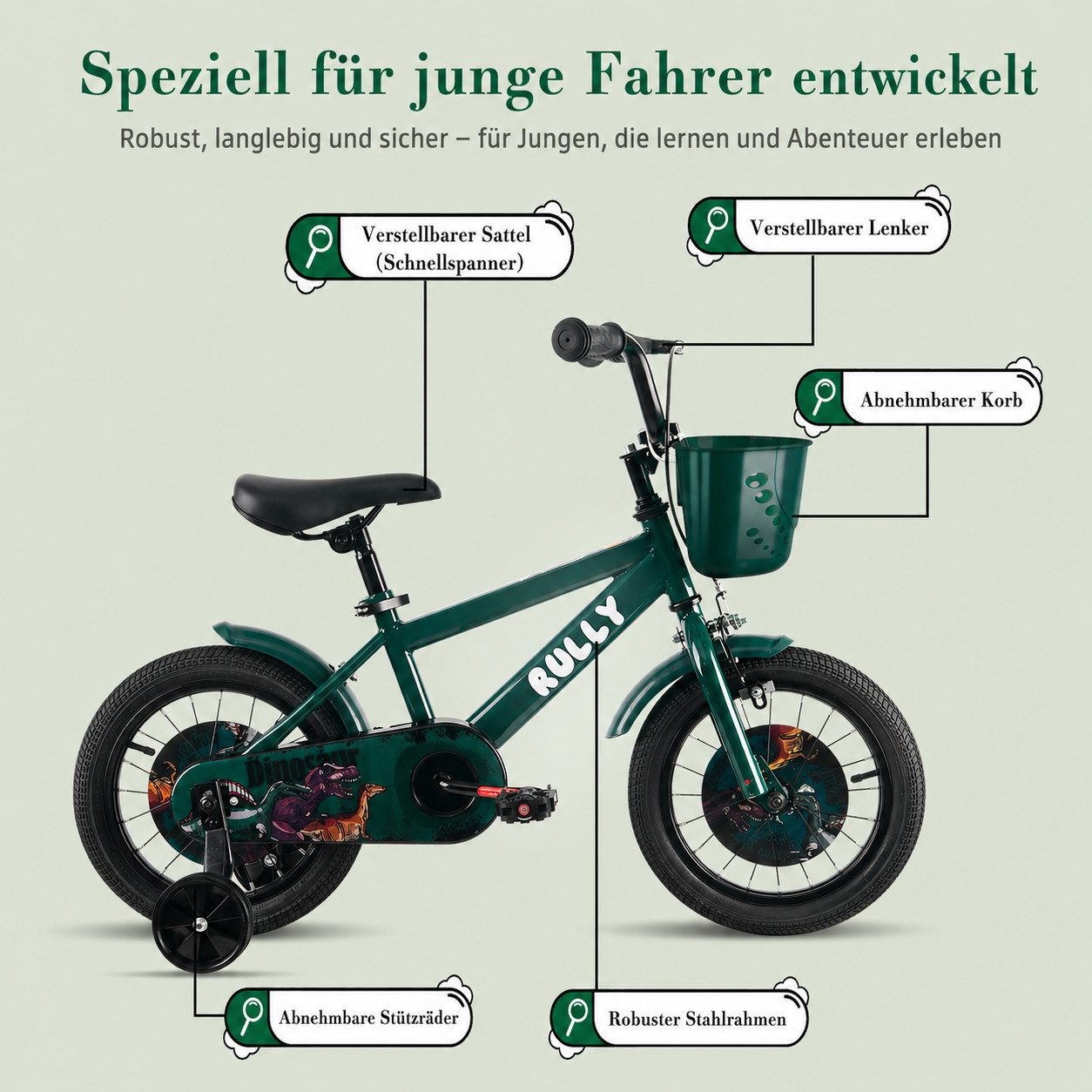 RULLY Kinderfahrrad Kinderfahrrad für Jungen 12–16 Zoll, 2–6 Jahre, 1 Gang, Mit Korb, Puppensitz, Stützrädern, Schutzblechen & Klingel