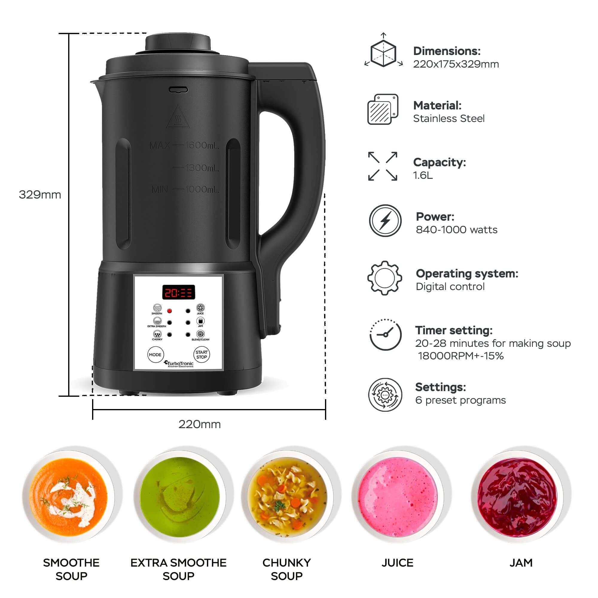 TurboTronic by Z-Line Multikocher 1,6L, 1000 W, 6 Programme, Suppenautomat, Smoothie Maker, Babynahrung, 1000 W, 1.6 l Schüssel, Suppenkoche Suppenbereiter Familie Suppen & Soßen Warmhaltefunktion
