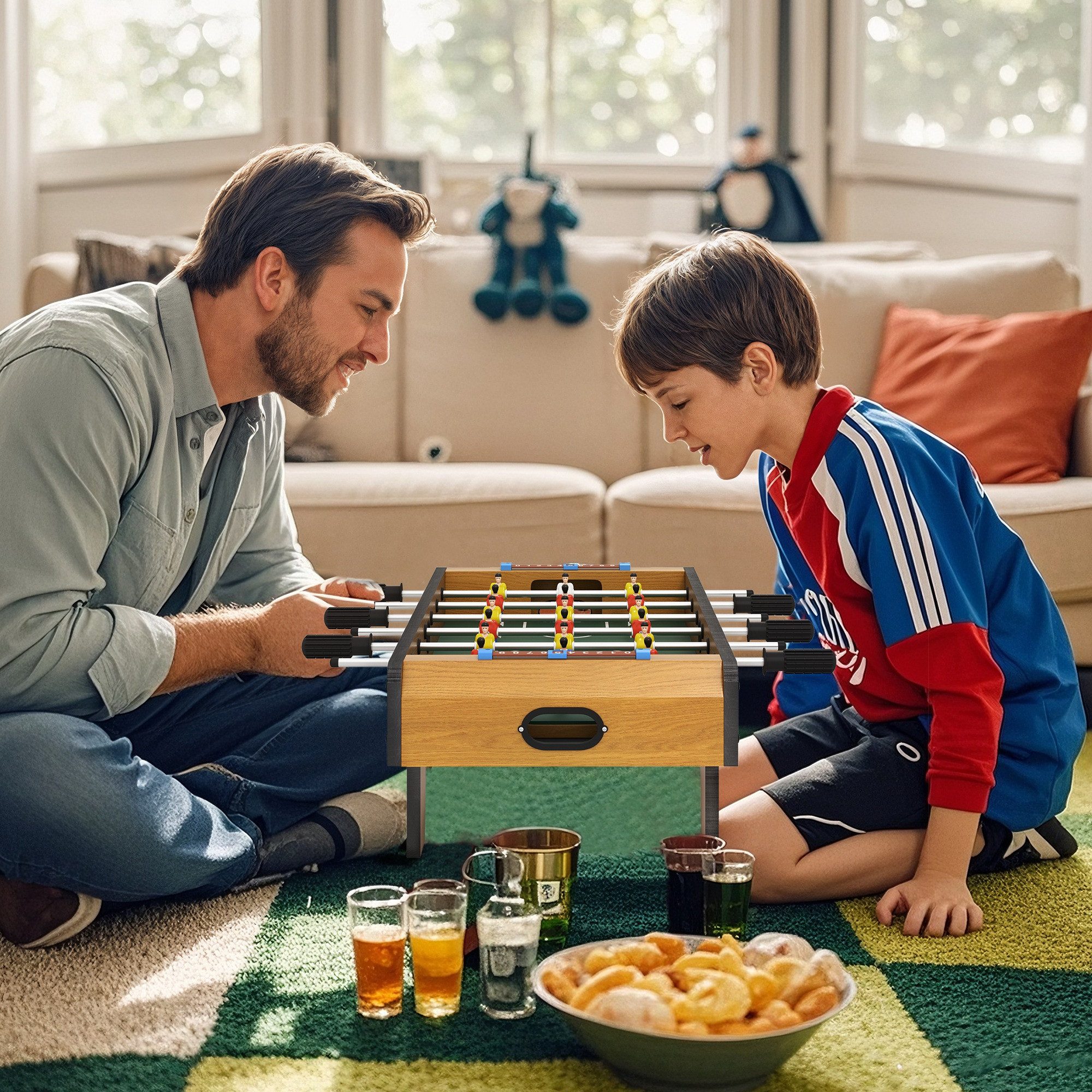 HOMCOM Mini-Tischkicker Kickertisch mit Griffe, Kicker für Jugendliche Erwachsene (Tischfußball, 1-tlg., Spieltisch), für Spielzimmer, Naturholz