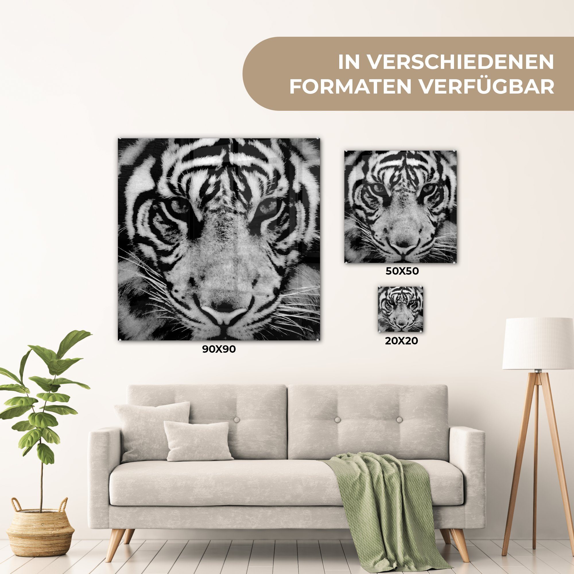 Bilder Glas (1 vor Glasbilder - Sumatra-Tiger Glas Wanddekoration auf Foto auf MuchoWow in Wandbild schwarz weiß, Hintergrund und - - schwarzem Acrylglasbild St),