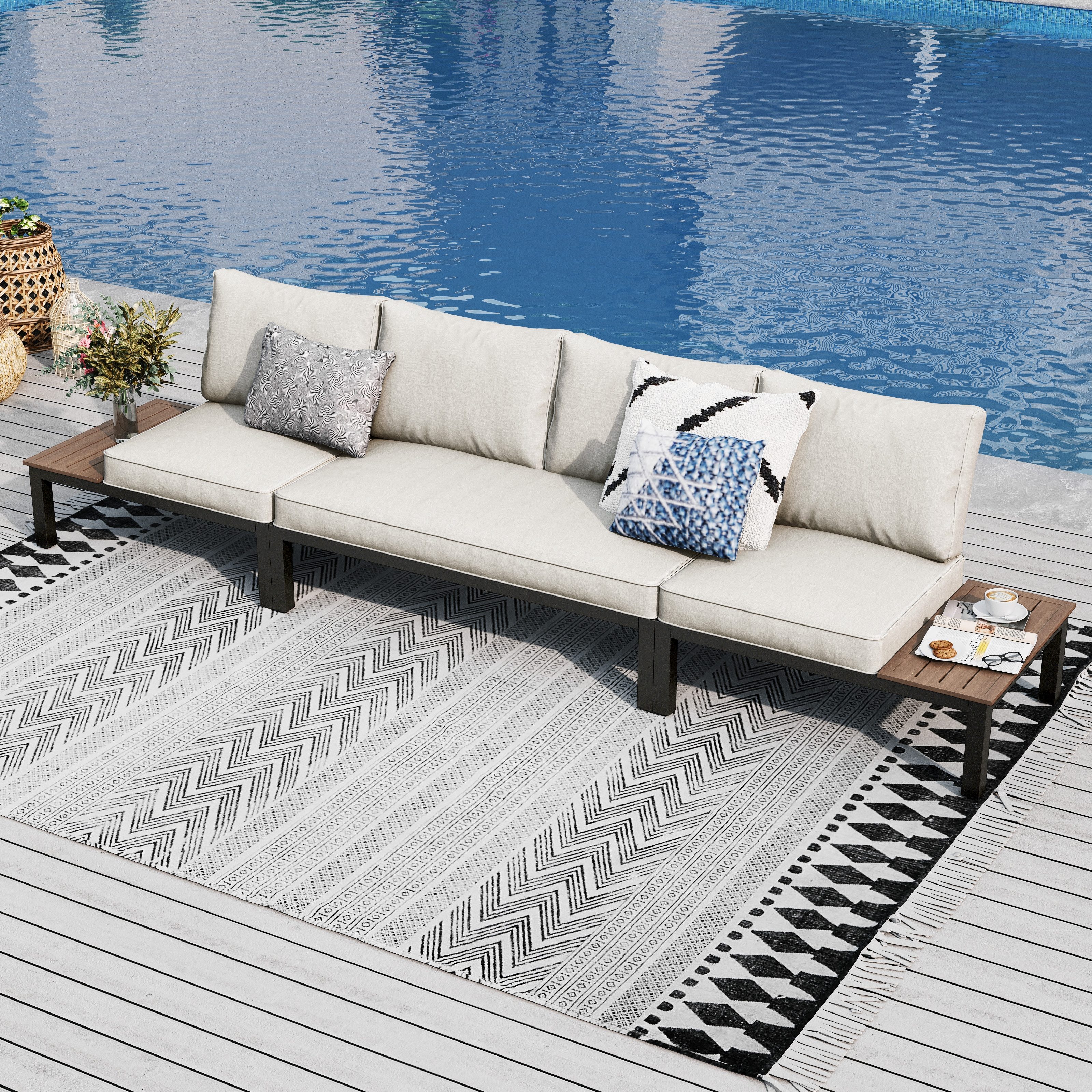 PHI VILLA Gartenlounge-Set, (Gartenmöbel Balkonmöbel mit Verstärkten Kissen und Kaffeetisch), Metall Lounge Möbel Outdoor Gartenlounge, Beige
