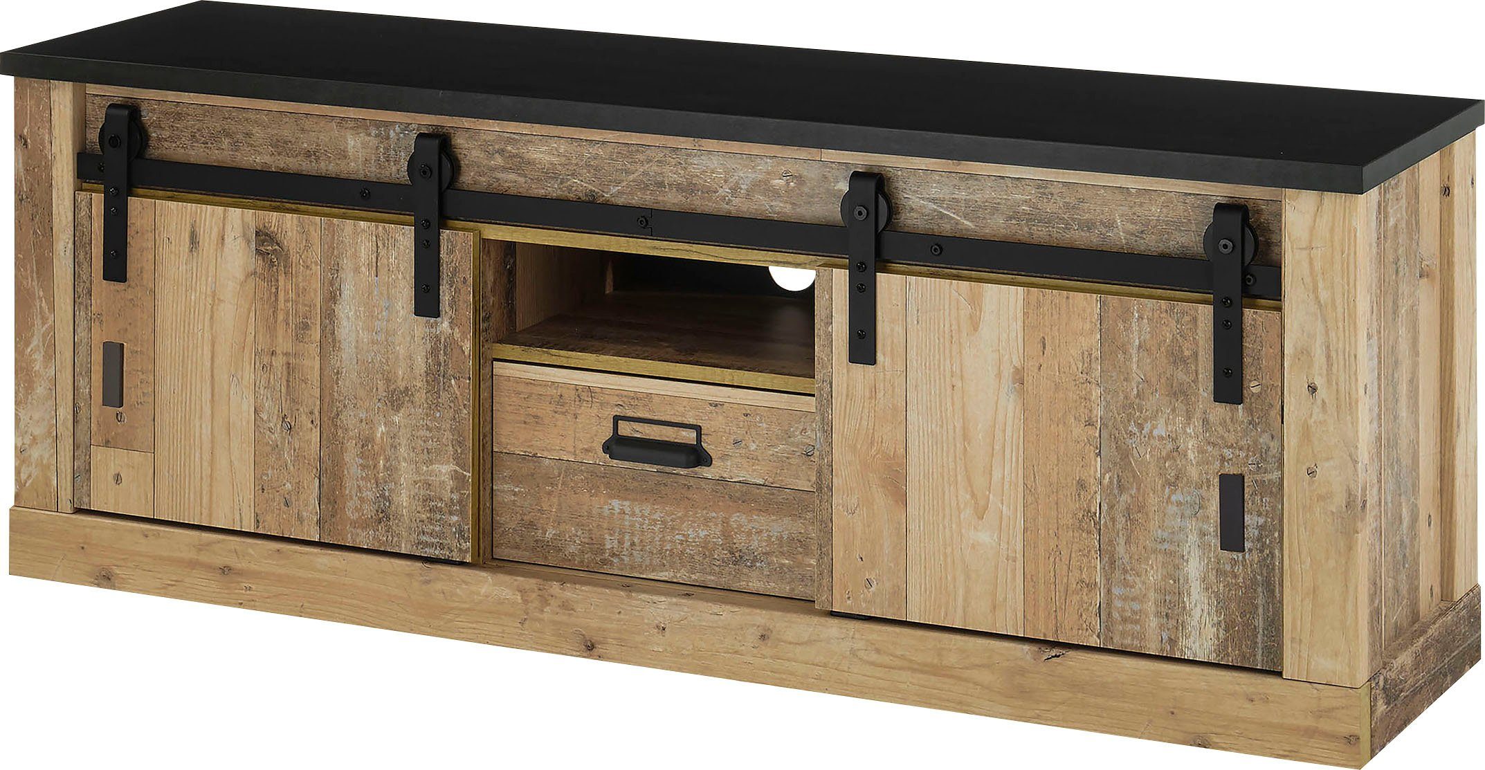Home affaire Lowboard Sherwood, TV-Unterteil im Industrial-Style, Kommode, TV-Schrank, Scheunentorbeschlag & Apothekergriff, in 2 Farben & Größen erhältlich