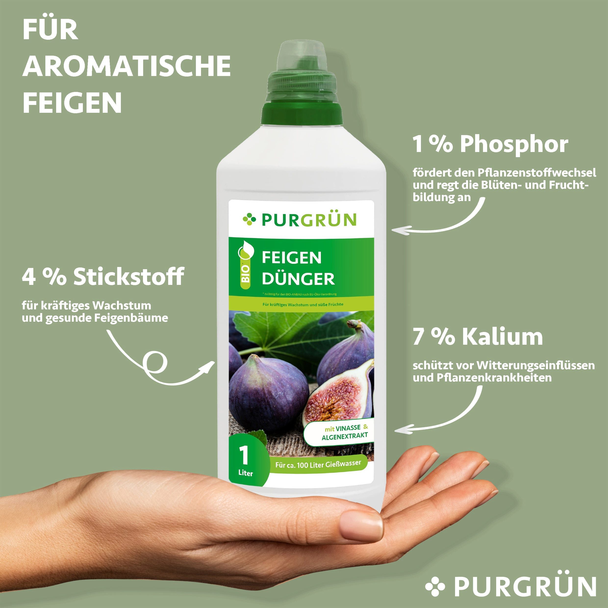 Thumbnail - Purgrün Obstdünger Purgrün Bio Feigendünger, NPK 4+1+7, Algenextrakt, 1 Liter, Flüssigdünger, extra Kalium für eine reic...