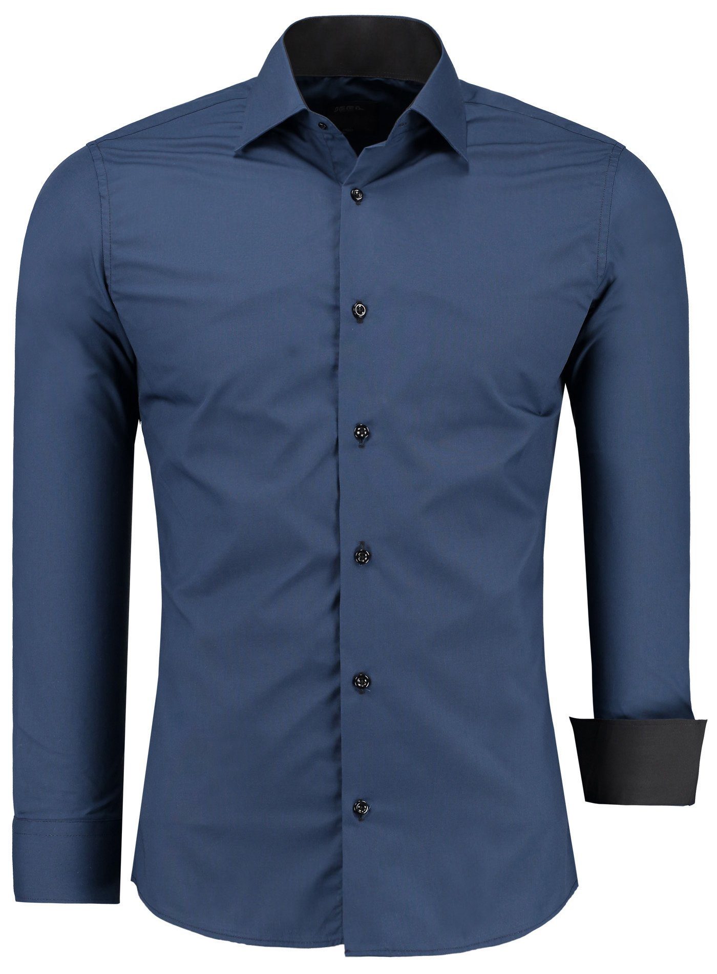 JEEL Businesshemd JH12105 Slim Fit Langarm Herren Hemd mit farblich abgesetzten Elementen, Langarm Kentkragen Uni Navyblau