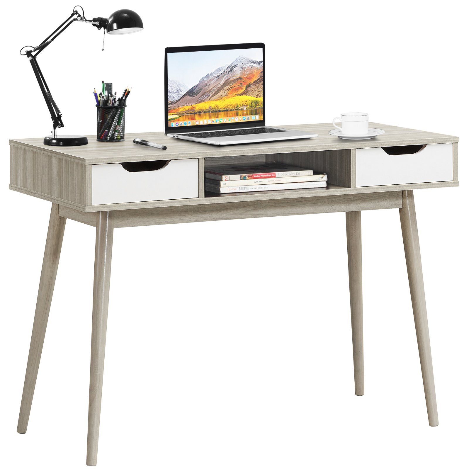 COSTWAY Computertisch, mit 2 Schubladen & offenem Fach, 110x50x78,6cm Grau