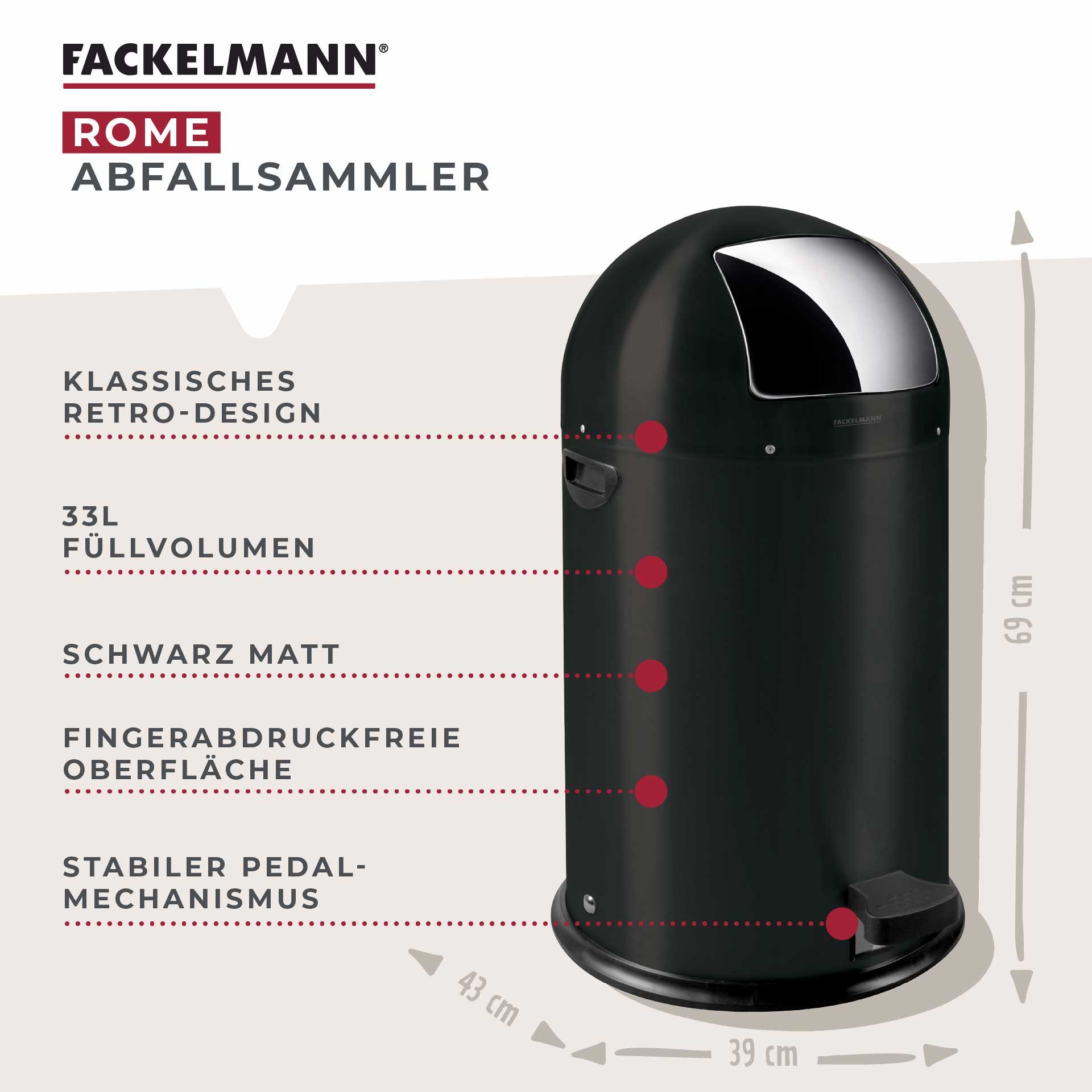 FACKELMANN Mülleimer ROME, Pedal-Abfalleimer 33L, Retro-Design, mit robustem Pedalmechanismus und Edelstahl-Inneneimer