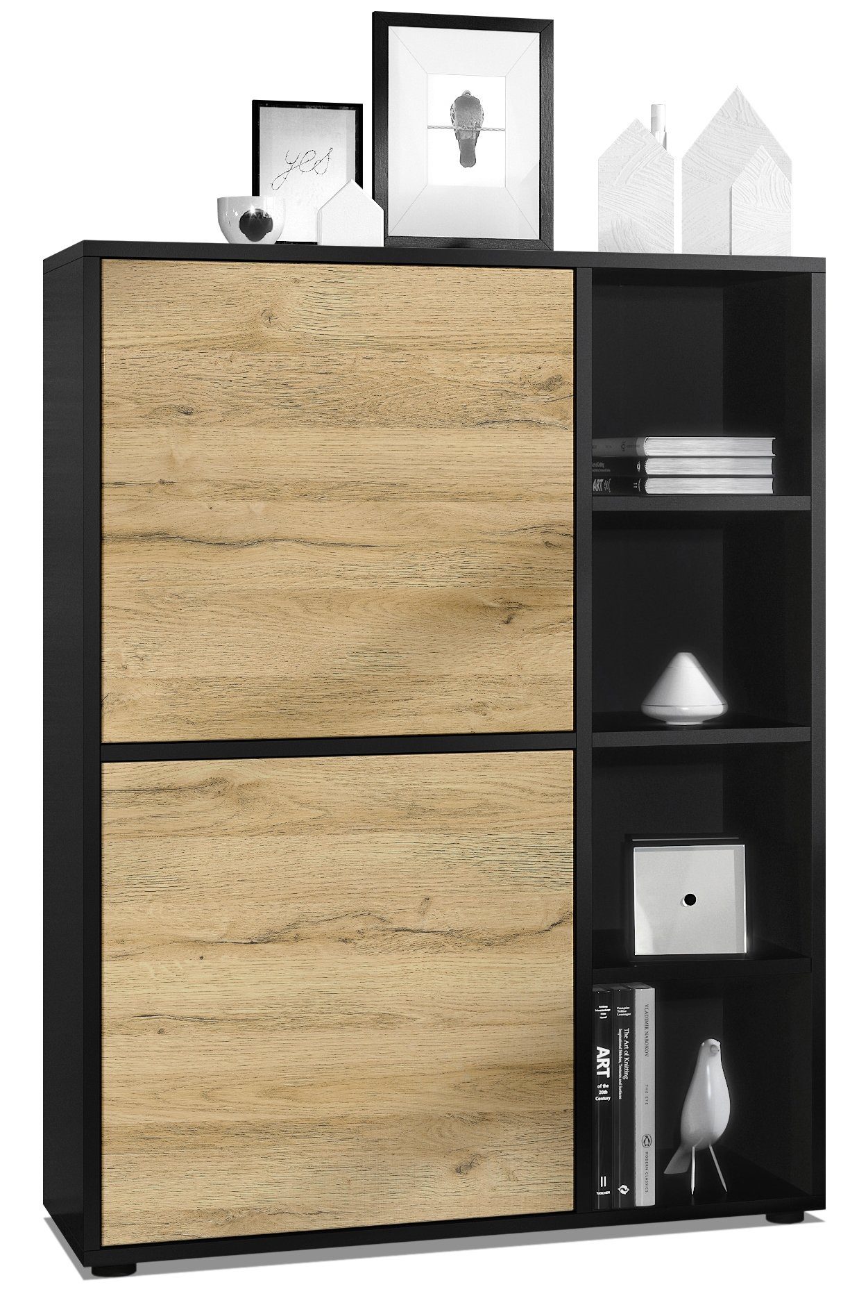 Vladon Highboard Cuba (Anrichte, mit 2 Türen und 4 offene Fächer), Schwarz matt/Eiche Natur (79 x 105,5 x 35,5 cm)