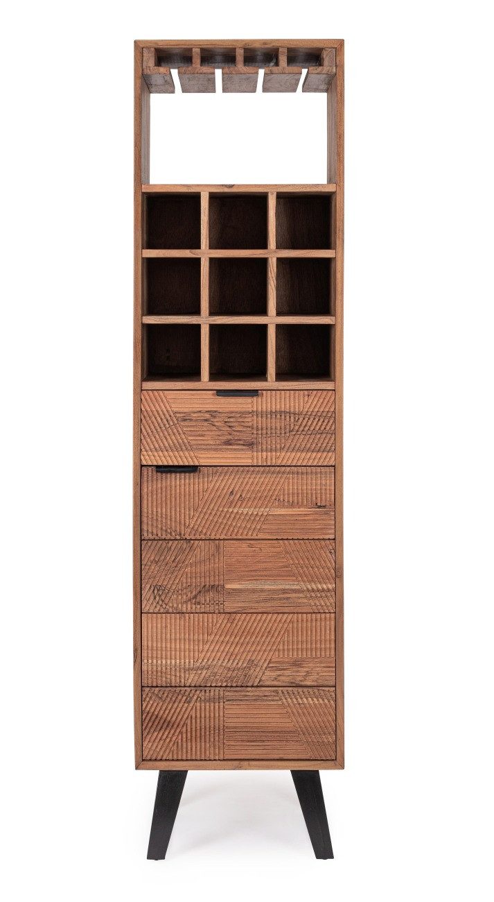 Feeling4Home Barschrank Isar aus Akazienholz, 180 cm Fronte aus handgefertigten Schnitzereien
