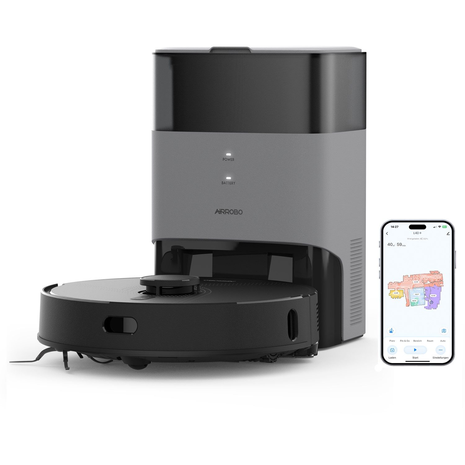 AIRROBO Nass-Trocken-Saugroboter Saug Wisch Roboter Saugroboter L40+, Lasernavigation, 180min, 60 Tage, mit 3.5L Beutel, 2600Pa, 200m², Wischfunktion Selbstreinigend, App und Sprachsteuerung