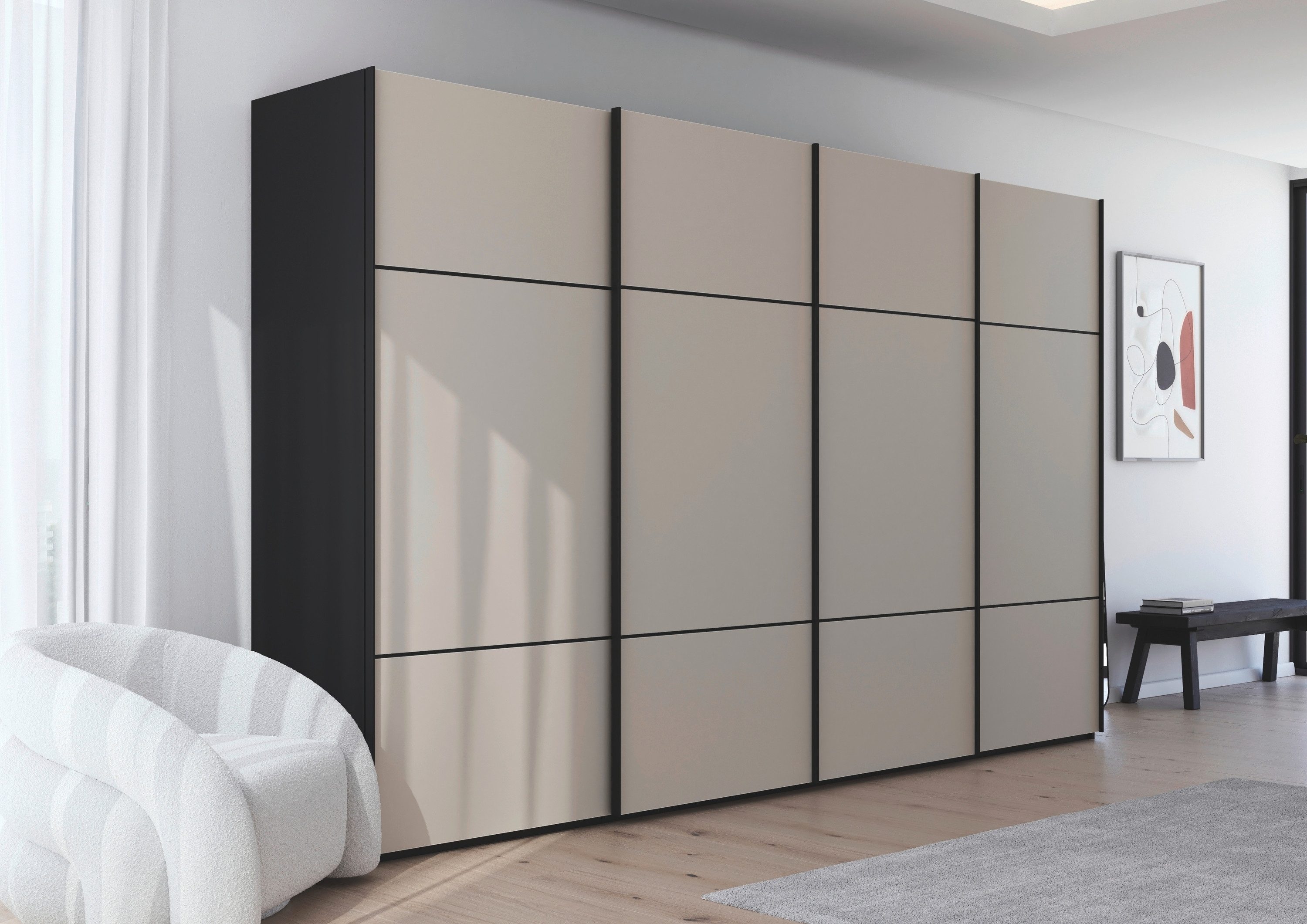 rauch Schwebetürenschrank Kleiderschrank Schrank Garderobe Schlafzimmerschrank SCALE-TRIO edle dreigeteilte Front mit 2 Zierleisten Glasfront MADE IN GERMANY