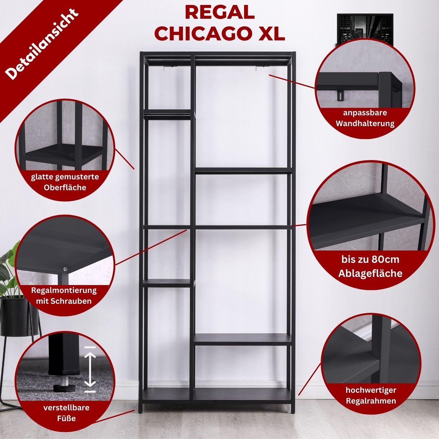 Chicago Regal, Fächern, Coemo Stahl-Ausführung Regal mit Schwarz Metall aus elegante 6 XL