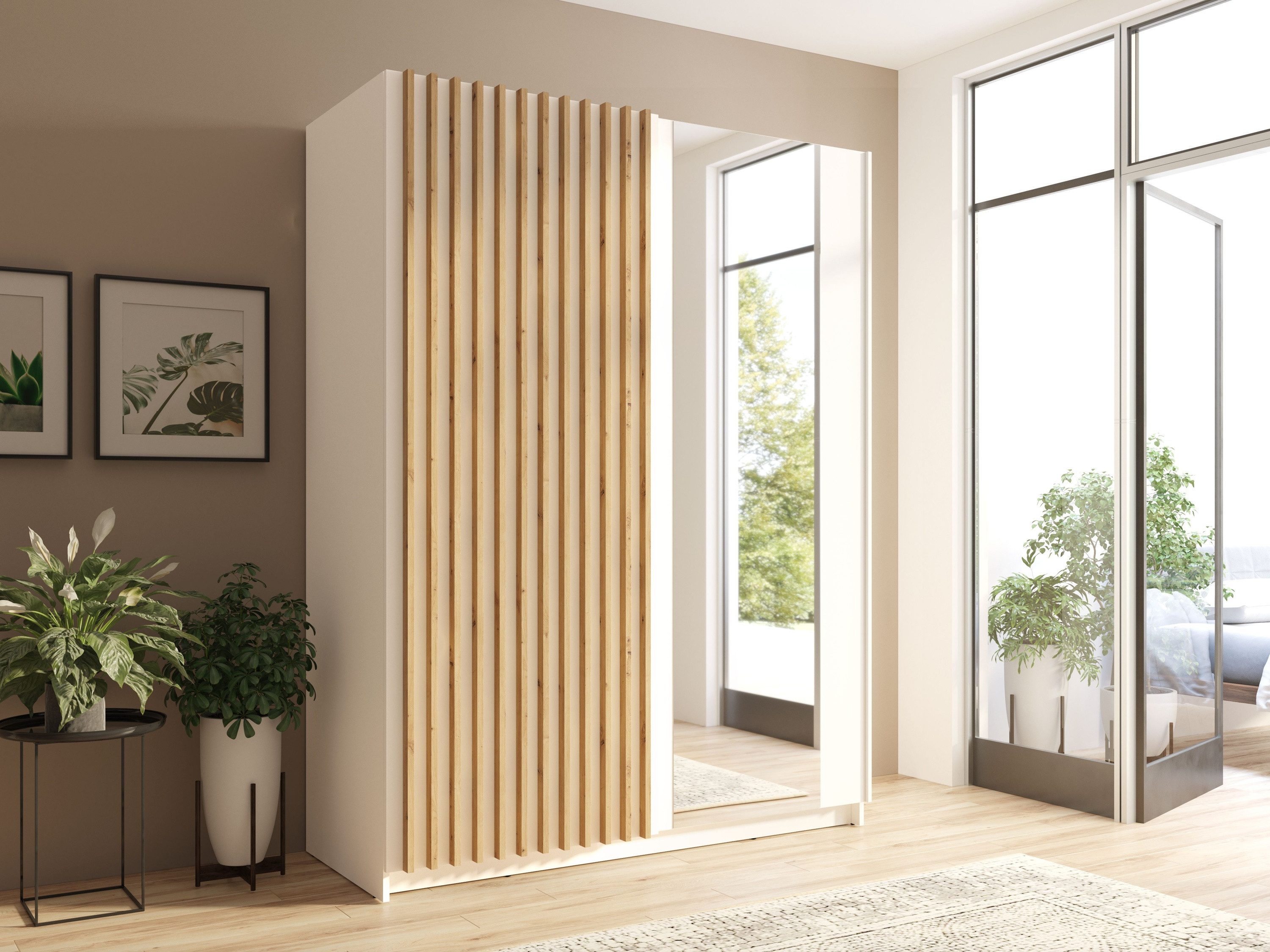 Raumhirsch Furniture Kleiderschrank Garderobenschrank, Schwebetürenschrank, Schrank mit Spiegel (Maße: 150 x 55 x 198,5 cm, einfache Montage, stabile Konstruktion) Schiebetüren, Lamellen, Kleiderstange