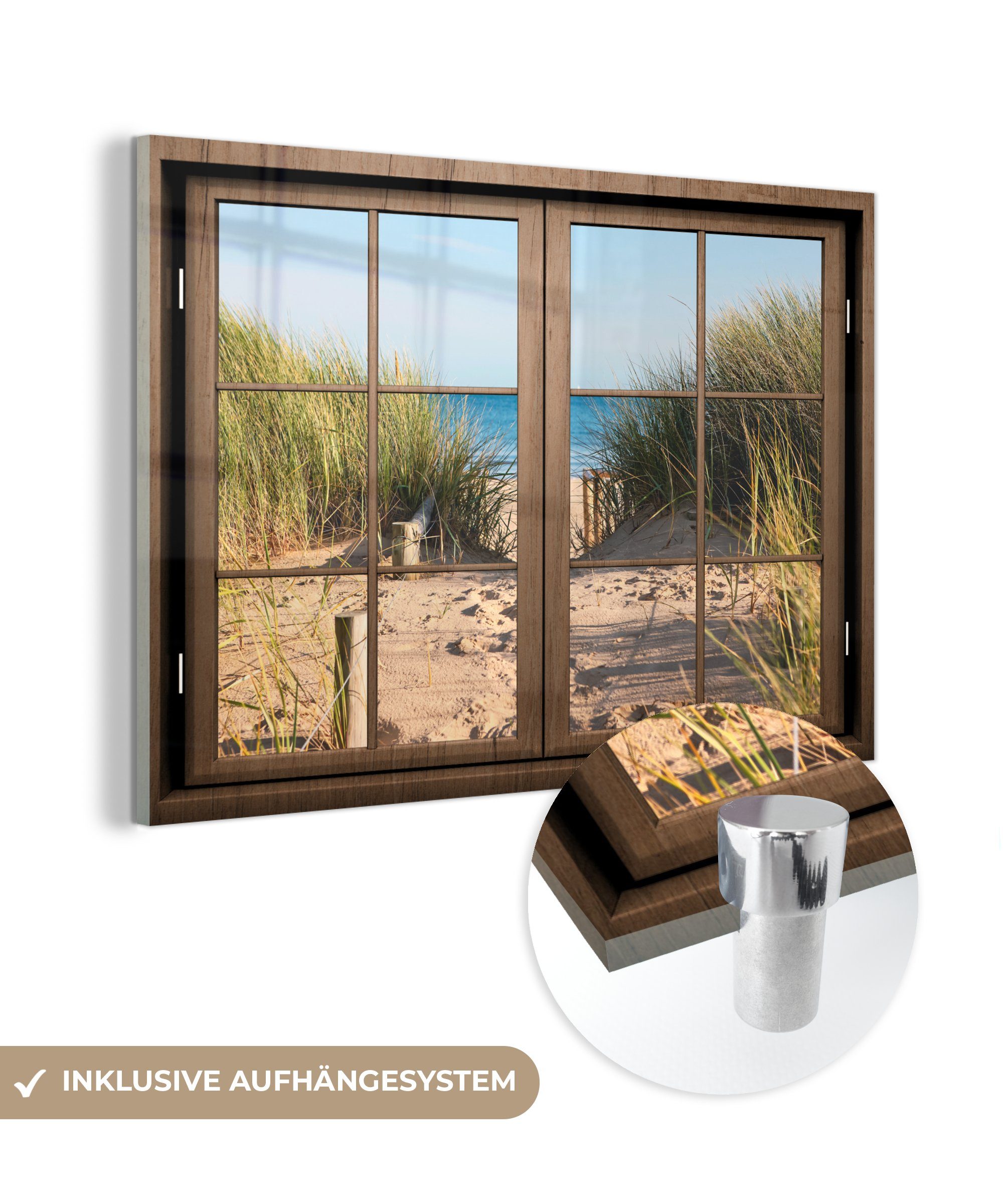 MuchoWow Acrylglasbild Aussicht - Strand auf - Glas Bilder Wandbild Glasbilder - Foto - auf St), (1 Gras, - Wanddekoration Glas