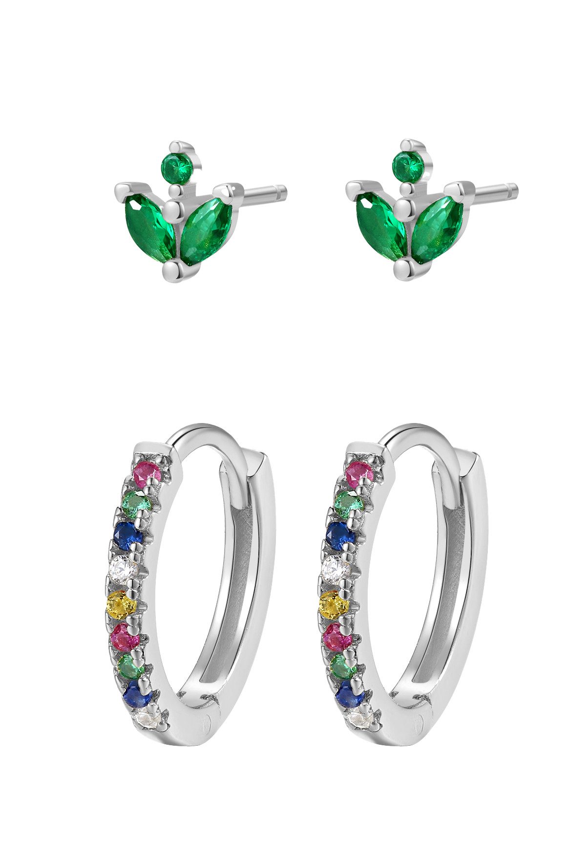 Hey Happiness Ohrring-Set Bunte Kristalle, Layer Set für Damen, Farbige 925 Silber Creolen und Ohrstecker, 4-tlg.
