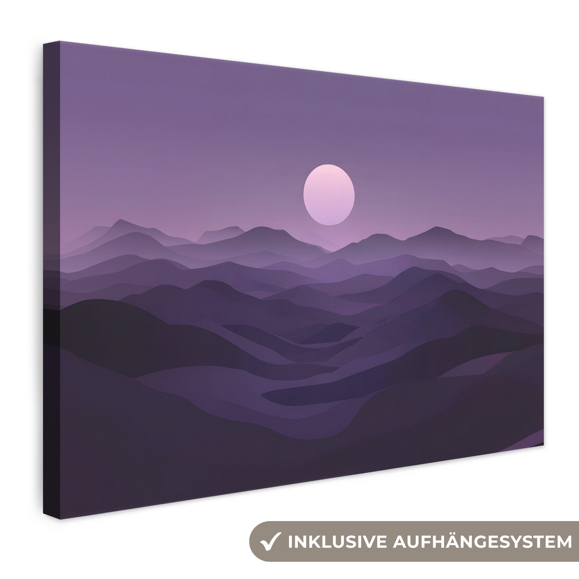 OneMillionCanvasses® Leinwandbild Hügel - Lila - Nebel - Sonne, Fotodruck (1 St), Leinwand Bilder Klein, Wand Dekoration Aesthetic 30x20 cm