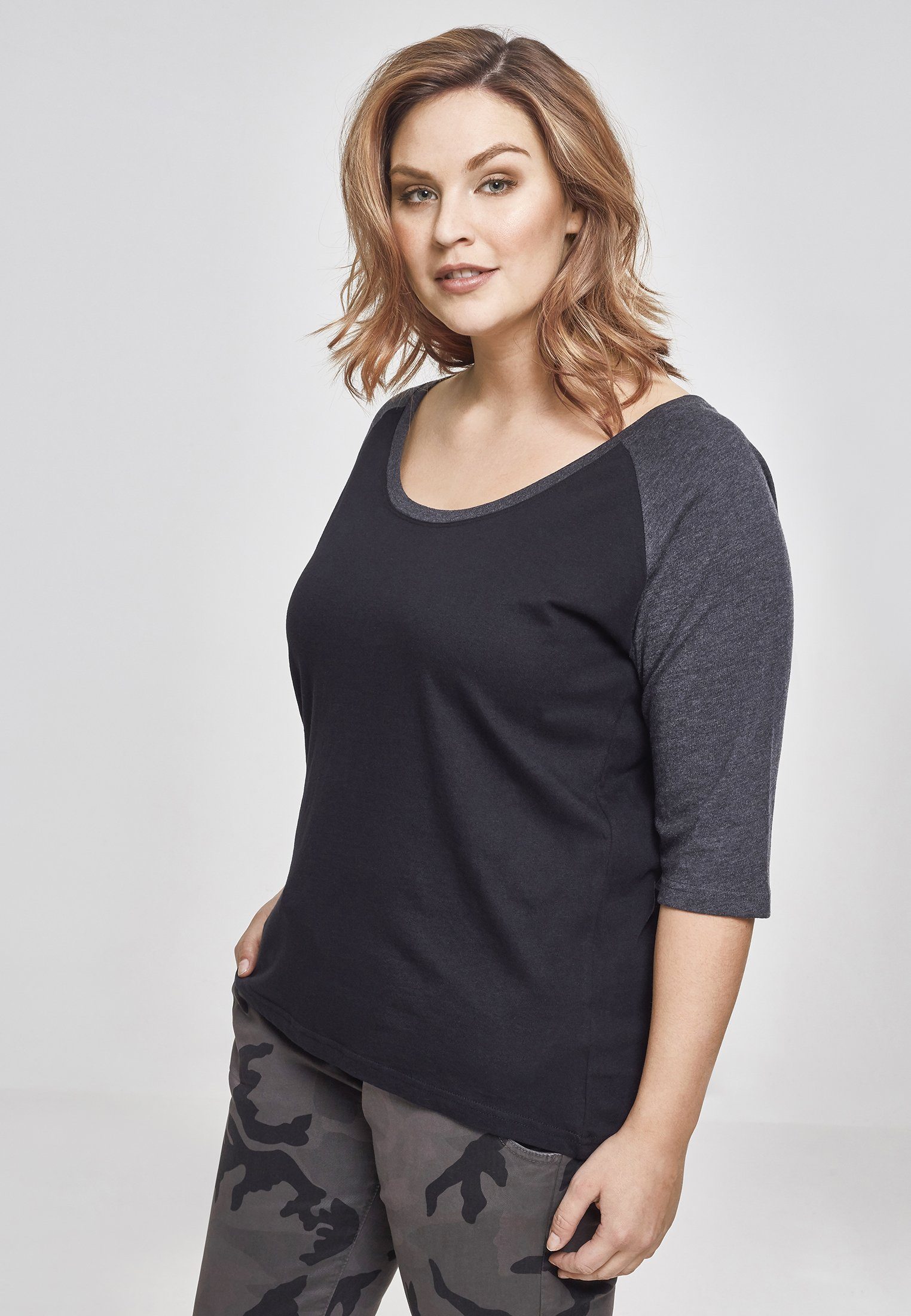 Kurzarmshirt black/charcoal Damen (1-tlg) Tee CLASSICS Contrast Raglan 3/4 URBAN Ladies