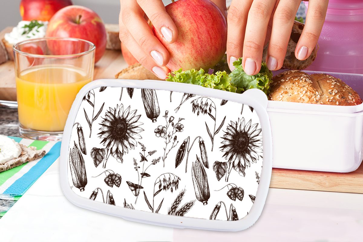 MuchoWow Lunchbox Pflanzen und Weiß, (2-tlg), - für Kinder für - und Schwarz Brotdose, Jungs Kunststoff, Mädchen Erwachsene, Muster - Brotbox