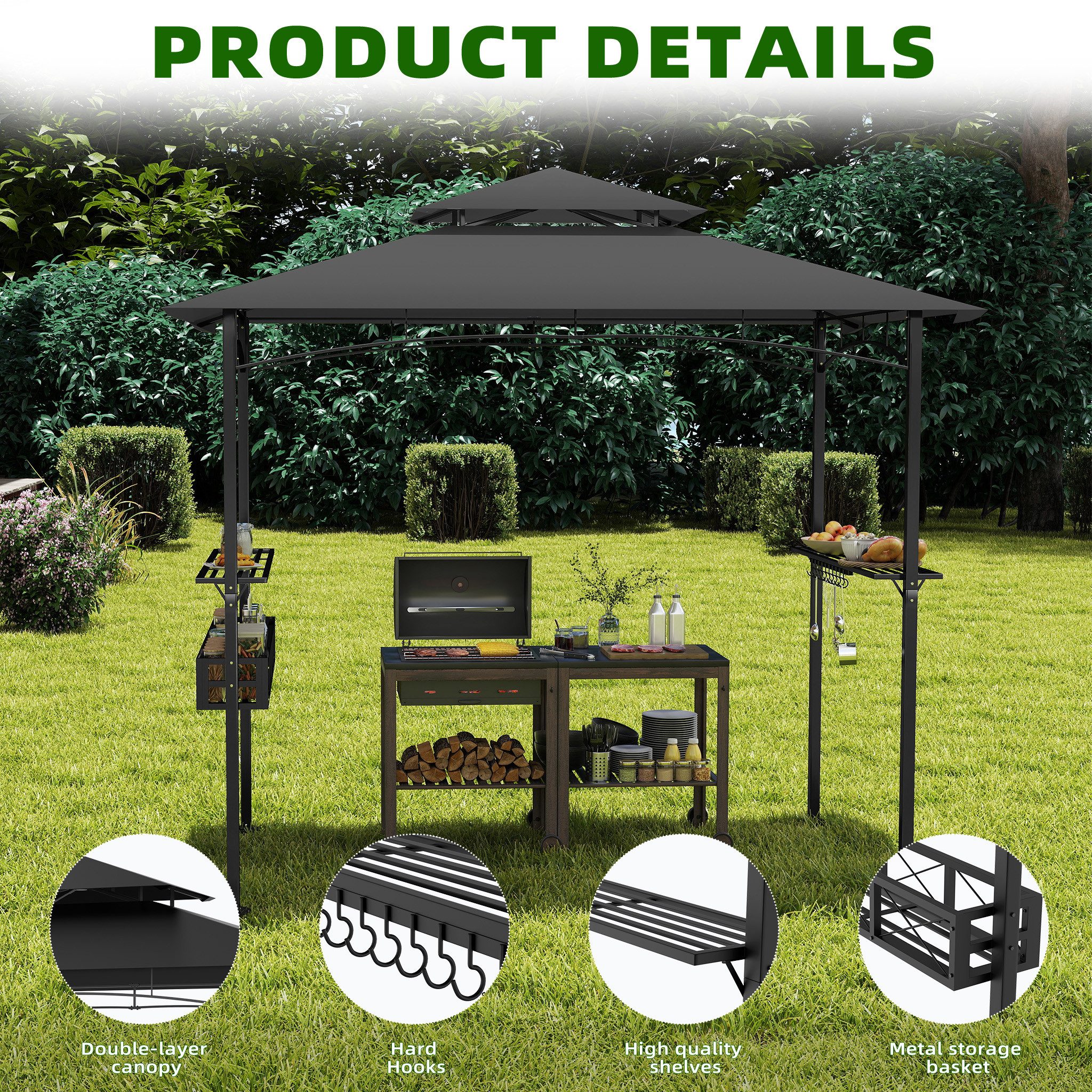 FIVMEN Grillpavillon Grillhaus mit Doppeldach & Ablagen, 2,45 x 1,53 m, Grau