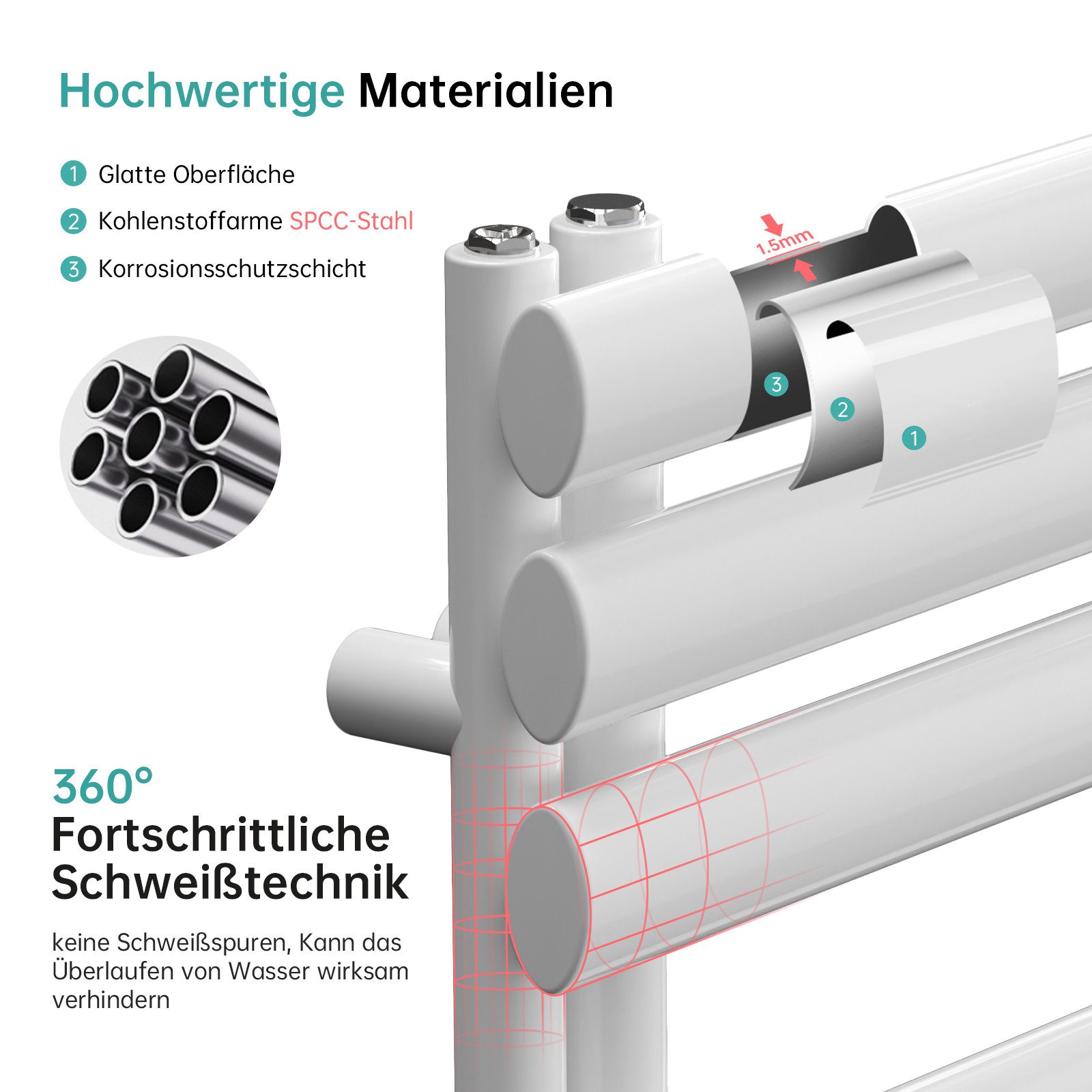 EMKE Badheizkörper 484-815W Rohrheizkörper Oval Röhren Handtuchtrockner Badheizkörper, Handtuchwärmer Vertikal Seitenanschlussfür Wasser