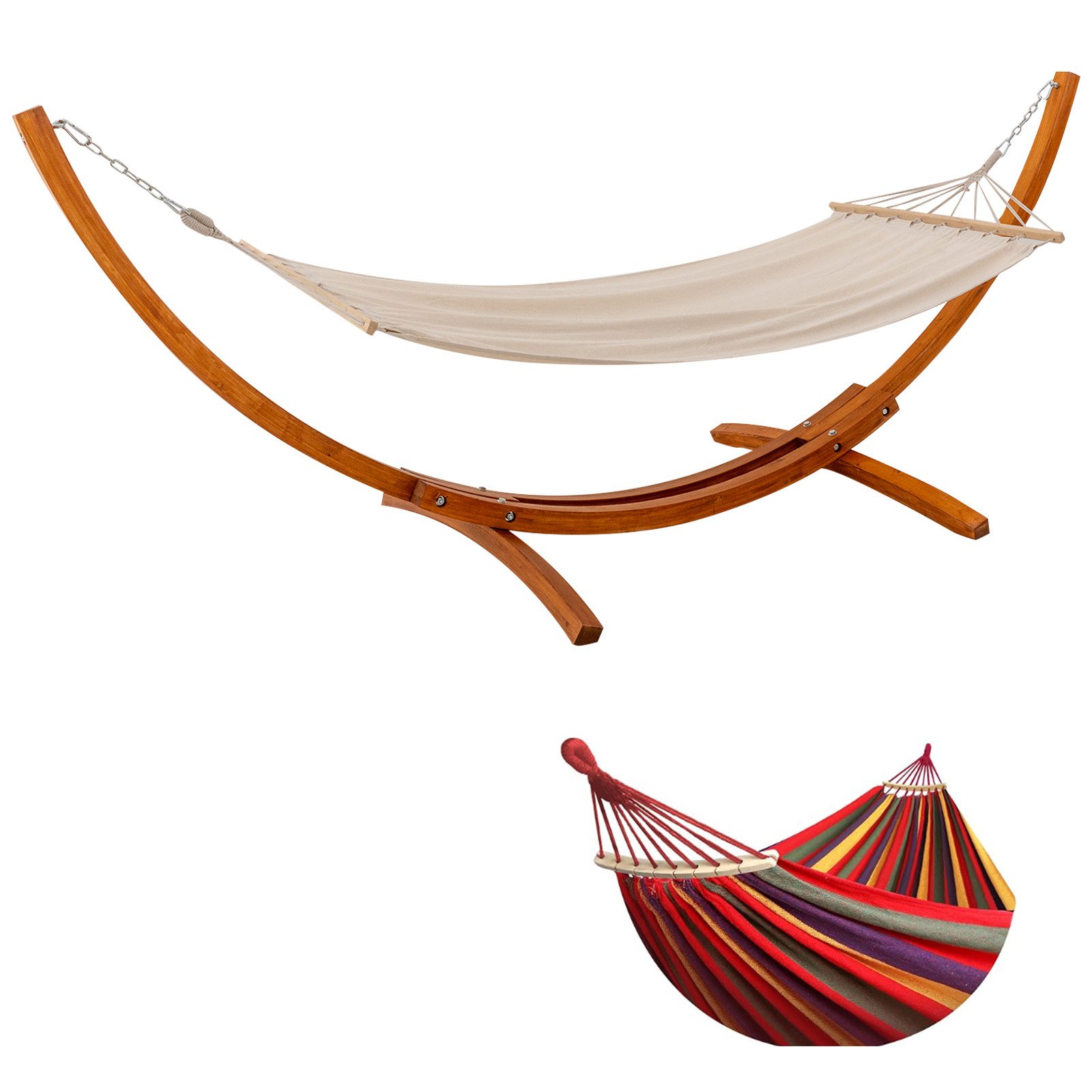 HOMAVO Hängematte mit Gestell, Mit 2 Hängematte, Stabiles Holzgestell, 200kg Belastbarkeit, Maße: 320x120x120 cm, Höhenverstellbar