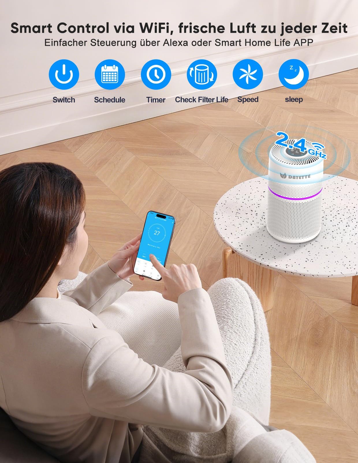 DAYETTE Luftreiniger mit HEPA Filter Smart App & Alexa Steuerung für Zuhause 7-Farben licht, für 90 m² Räume, 20dBUltra Leise im Schlafmodus entfernt Tierhaare Pollen Staub Gerüche