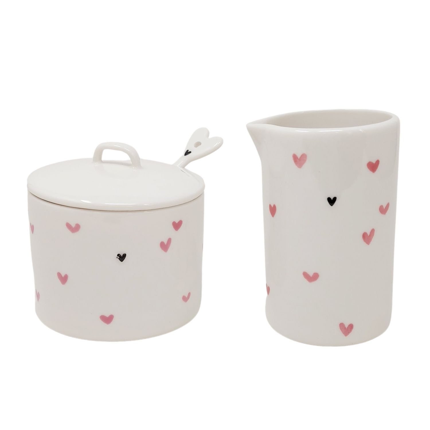 Bastion Collections Milch- und Zuckerset Rose, Keramik, Spülmaschinengeeignet, Weiß, Herzen, H: 10cm