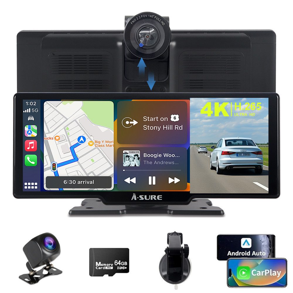 A-Sure 10.26" 4K Wireless Carplay Android Auto AutoRadio GPS Navigationsgerät Dashcam (WiFi, Apple carplay, Android Auto, TF Card, 4K-Frontkamera/10.26" IPS Bildschirm( 1600*600) /64GB Rom TF Card)
